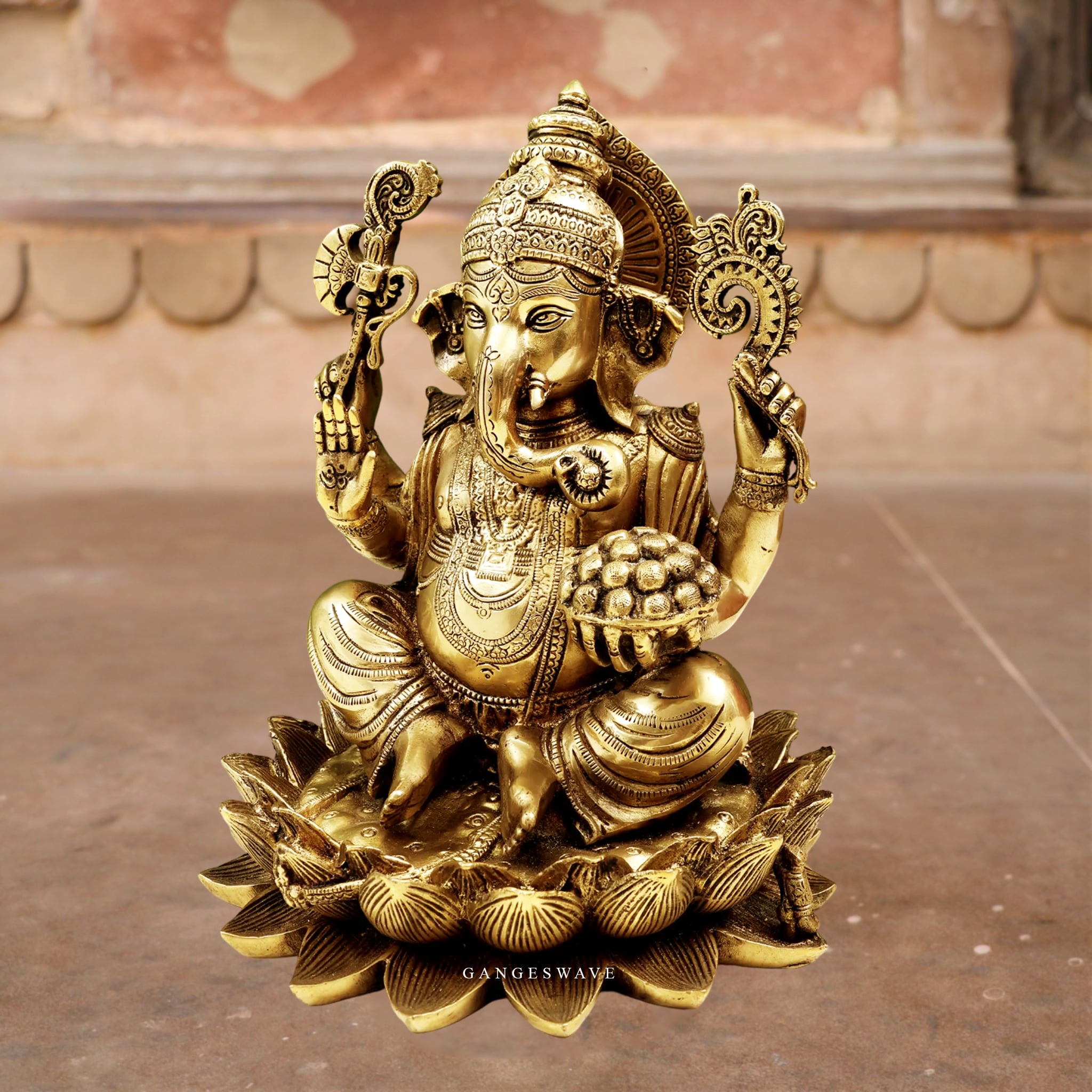 Superfine Brass Ganesh Statue Sitting on Lotus - 11 inches - Image 2