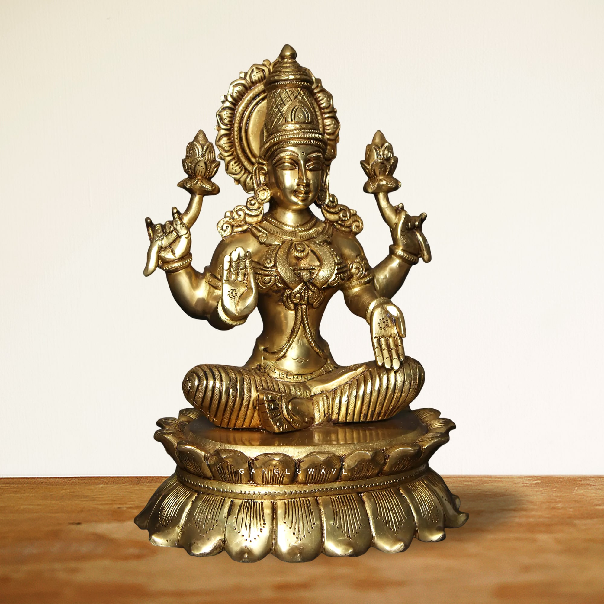 11" Handcrafted Brass Golden Sitting Devi Lakshmi Statue - Image 3
