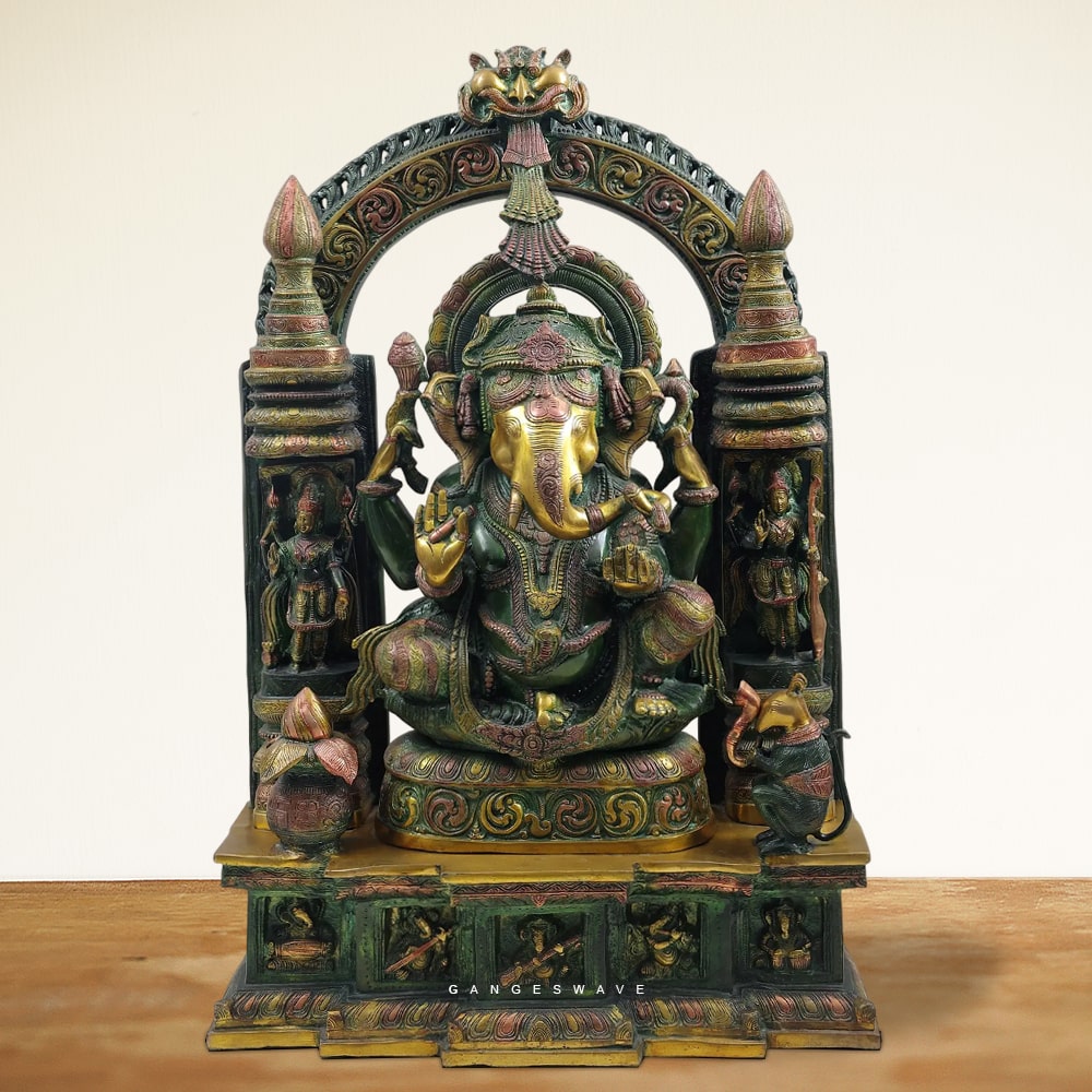 Vintage Finished Brass Ganesh Statue with Prabhabali
