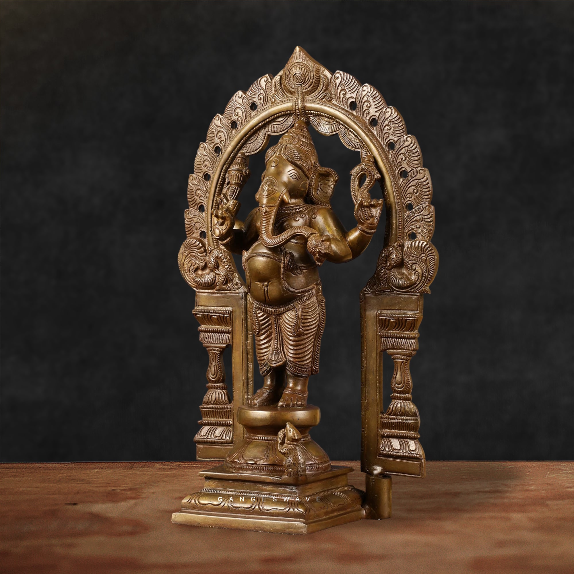 Artistic Vintage Finished Brass Ganesha Murti with Prabhavali - 14 inches - Image 2