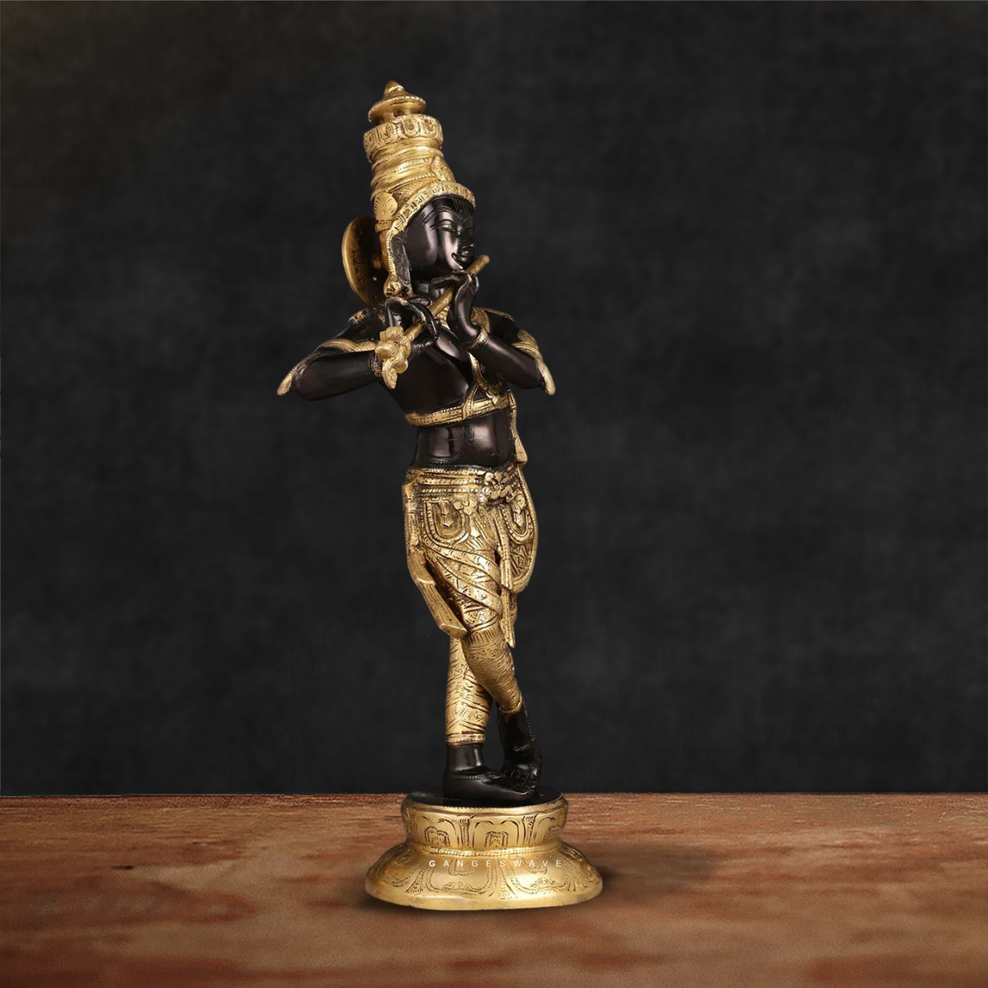 Krishna Superfine Brass Murti in Black and Gold - 23 inches - Image 2