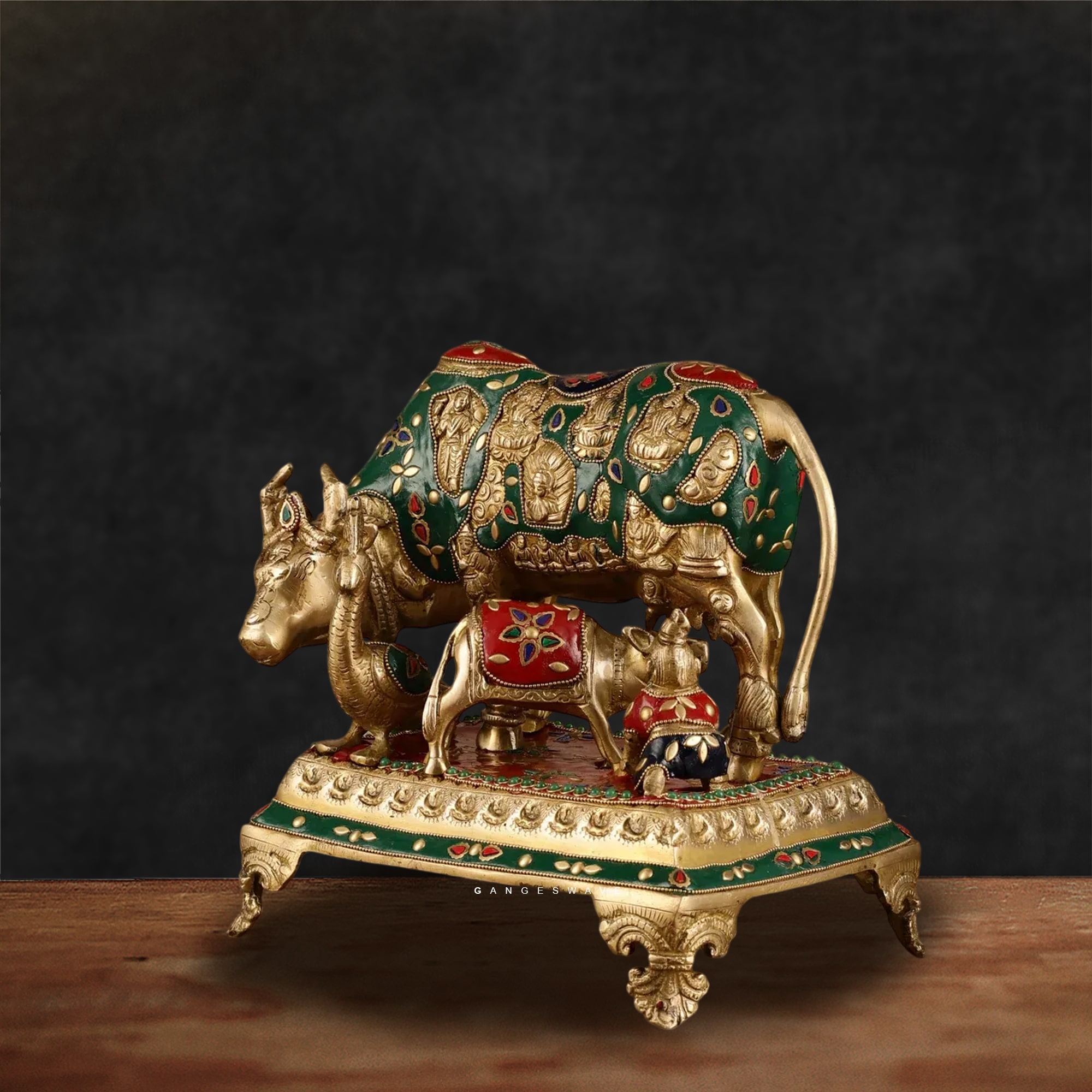 Kamdhenu with Meenakari work and deities sculpted Statue - 10 inches - Image 3