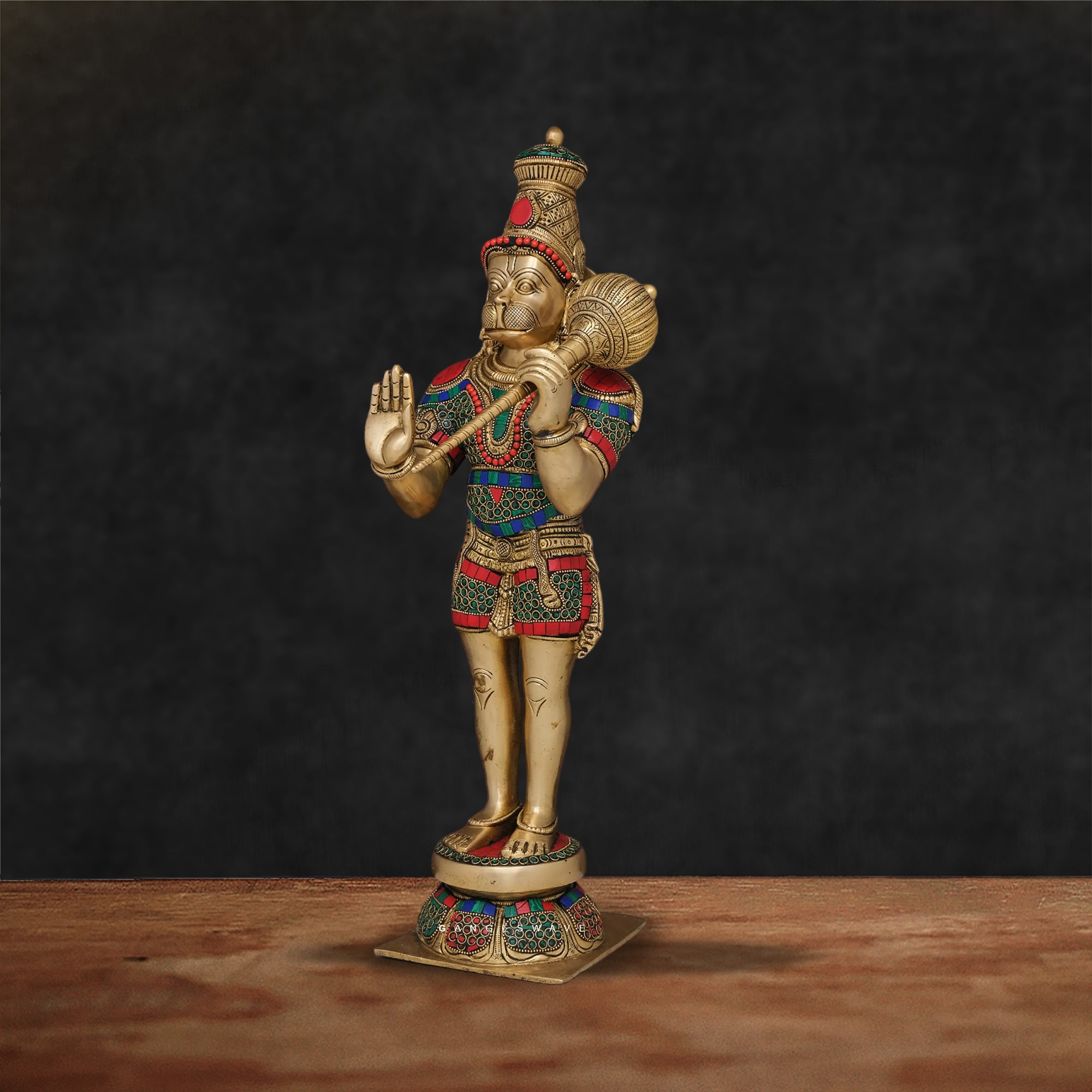 Hanuman Brass Statue with colourful stone inlay - 21 inches - Image 3
