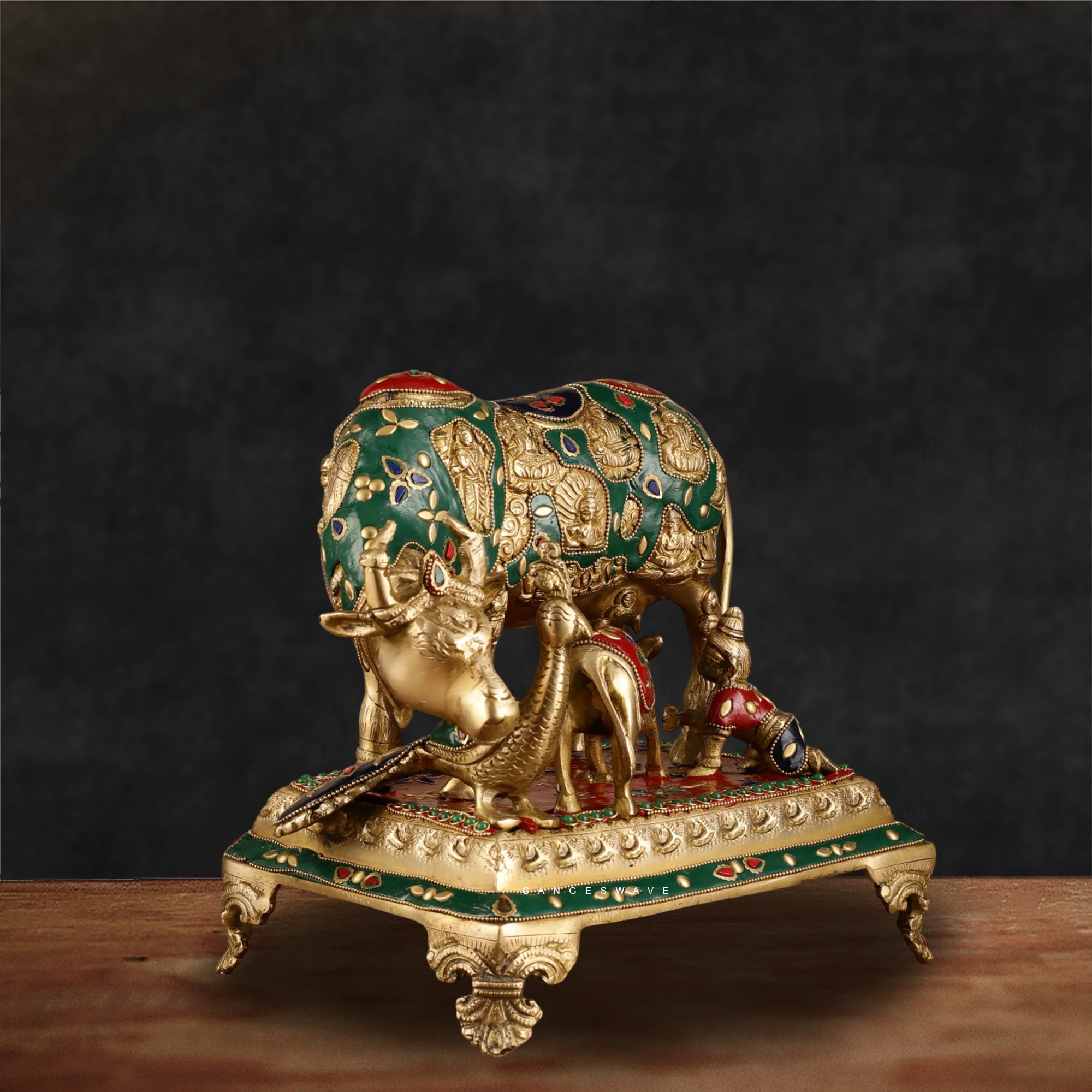 Kamdhenu with Meenakari work and deities sculpted Statue - 10 inches - Image 2