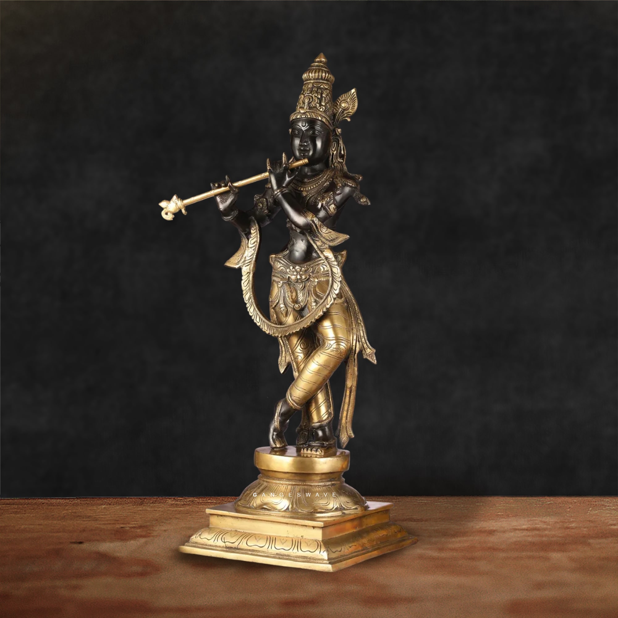 Krishna Brass Murti in Black and Gold - 28 inches - Image 4