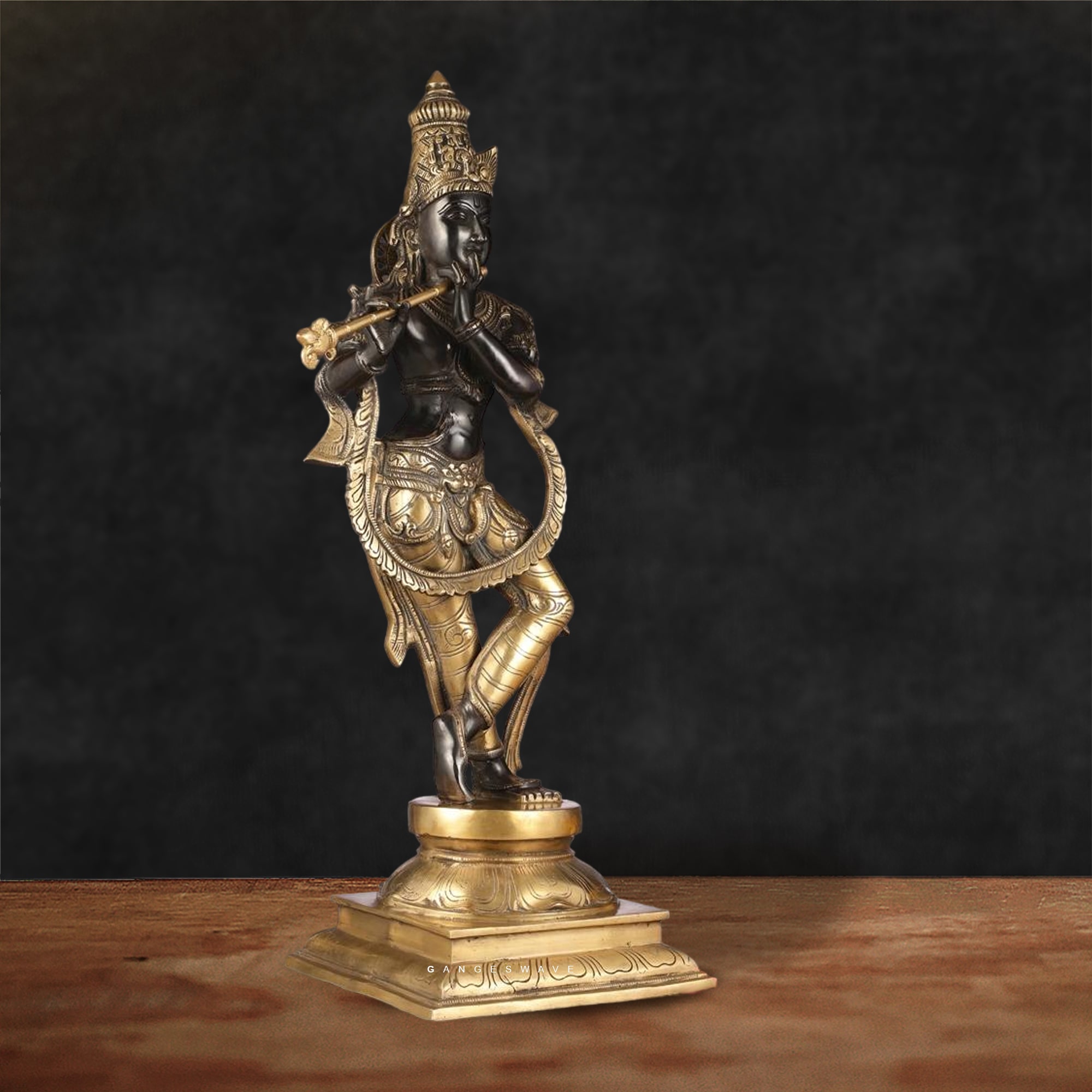 Krishna Brass Murti in Black and Gold - 28 inches - Image 2