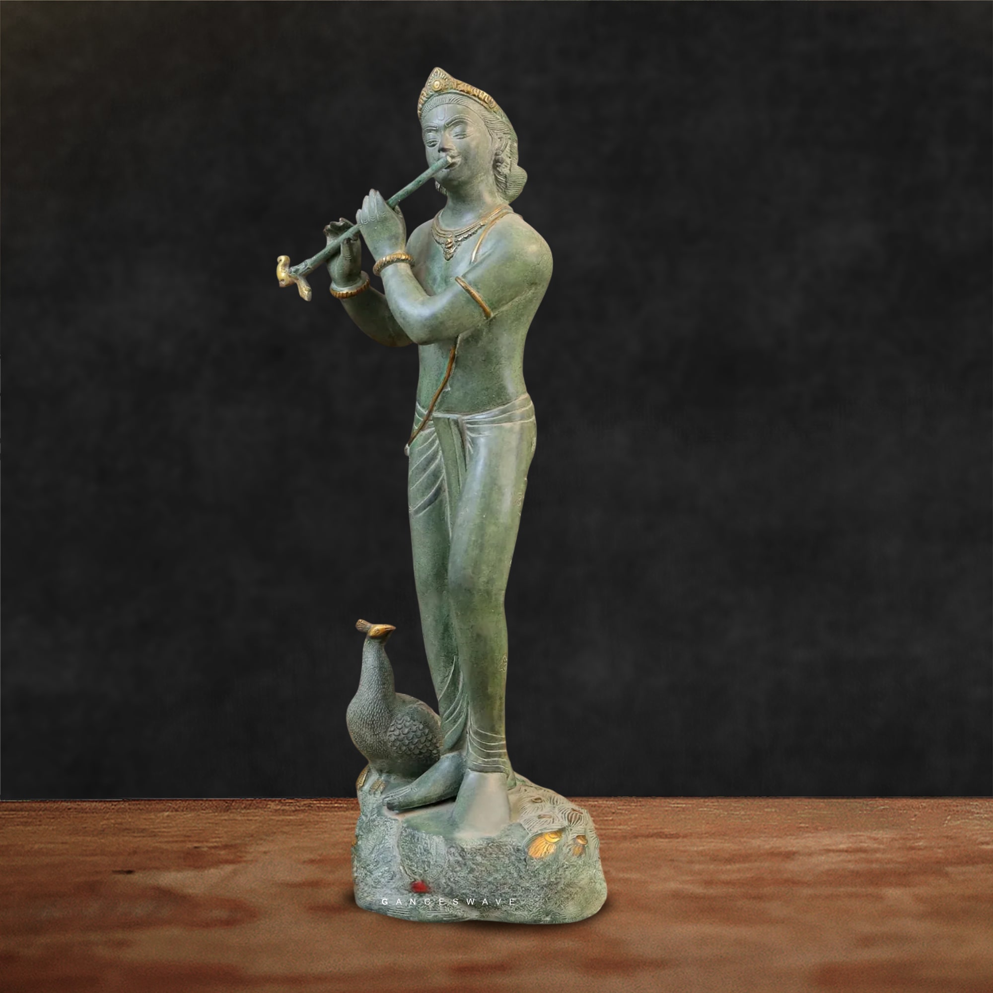 Vintage Green Krishna Brass Statue Playing Flute - 30 inches - Image 3