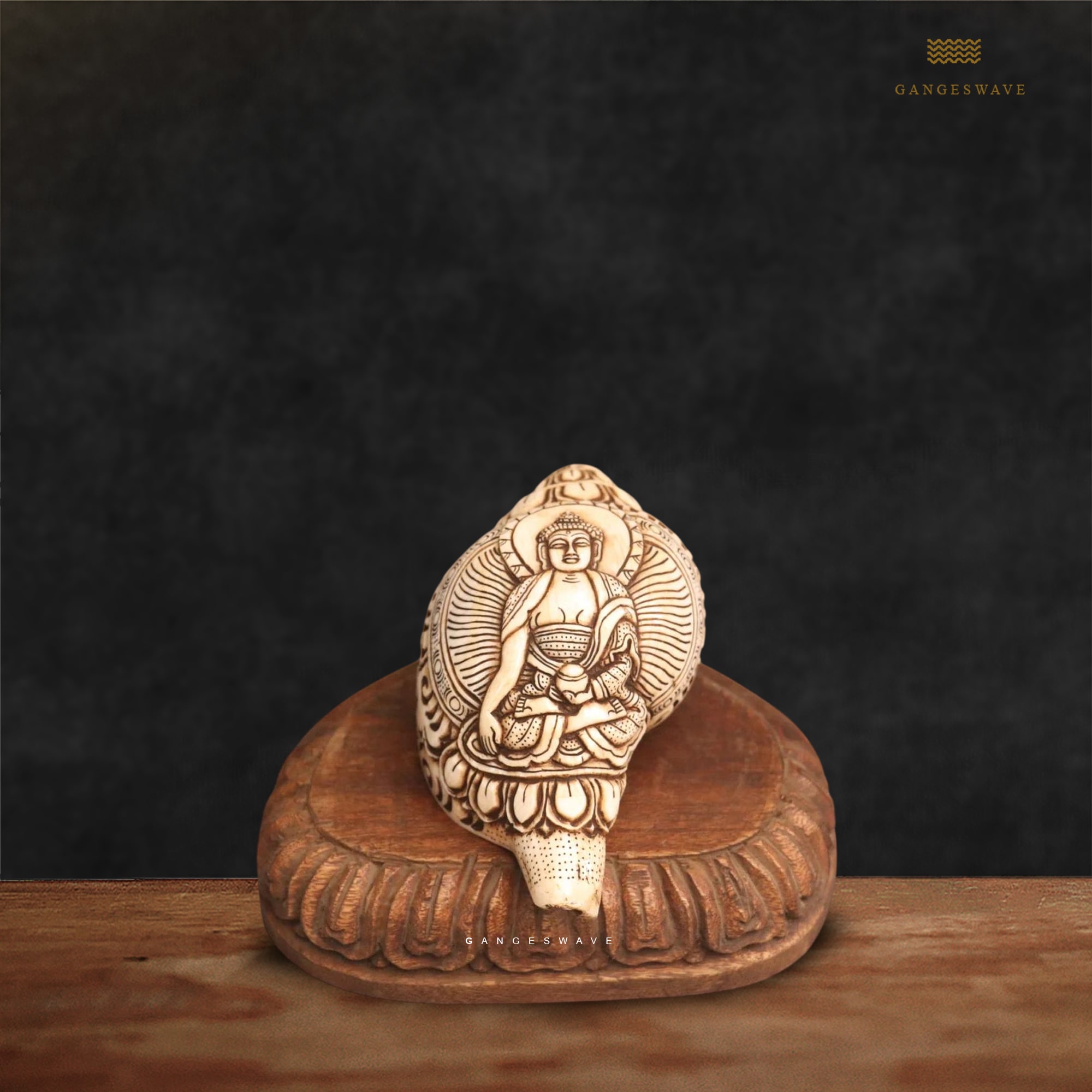 Tibetan Handcrafted Conch Shell with Buddha Carvings - Image 3
