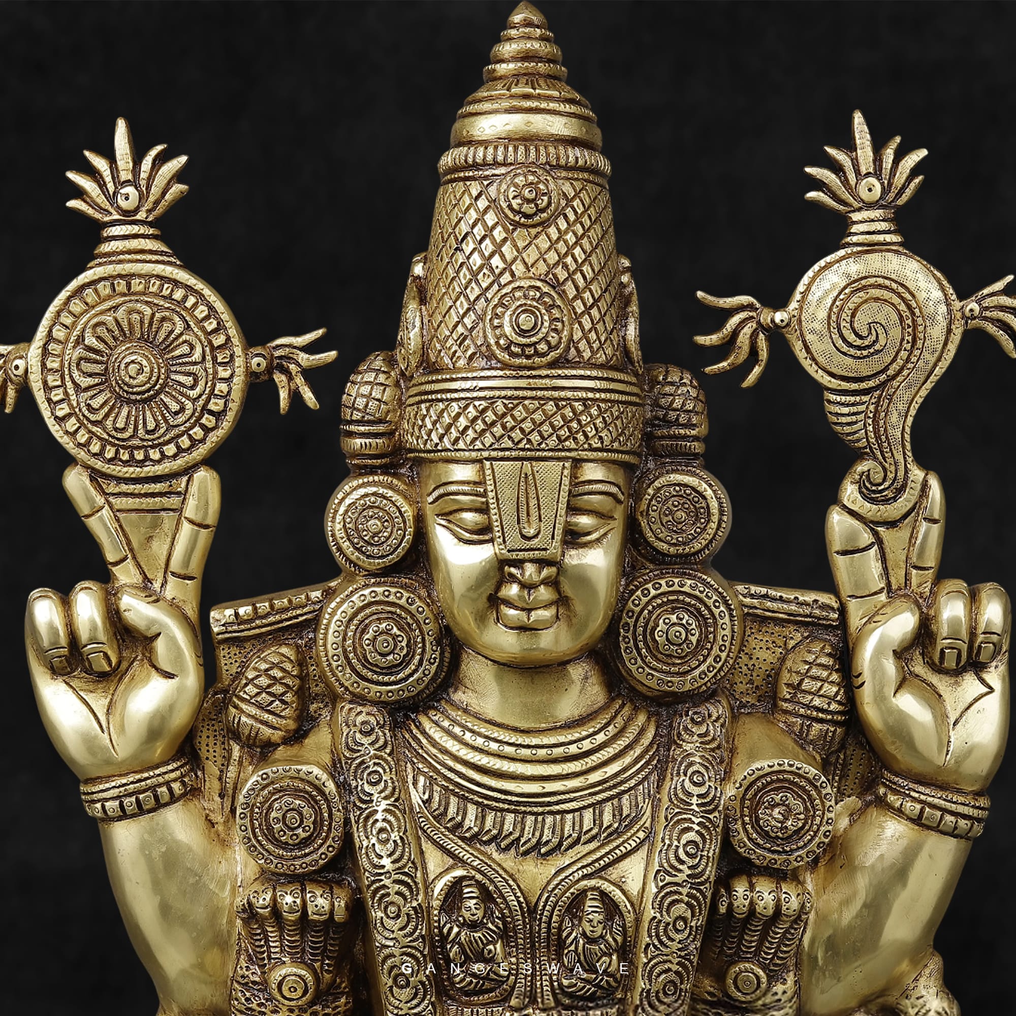 Golden Brass Tirupati Balaji Statue with Devi Padmavati Engraved - 34.5 inches - Image 5