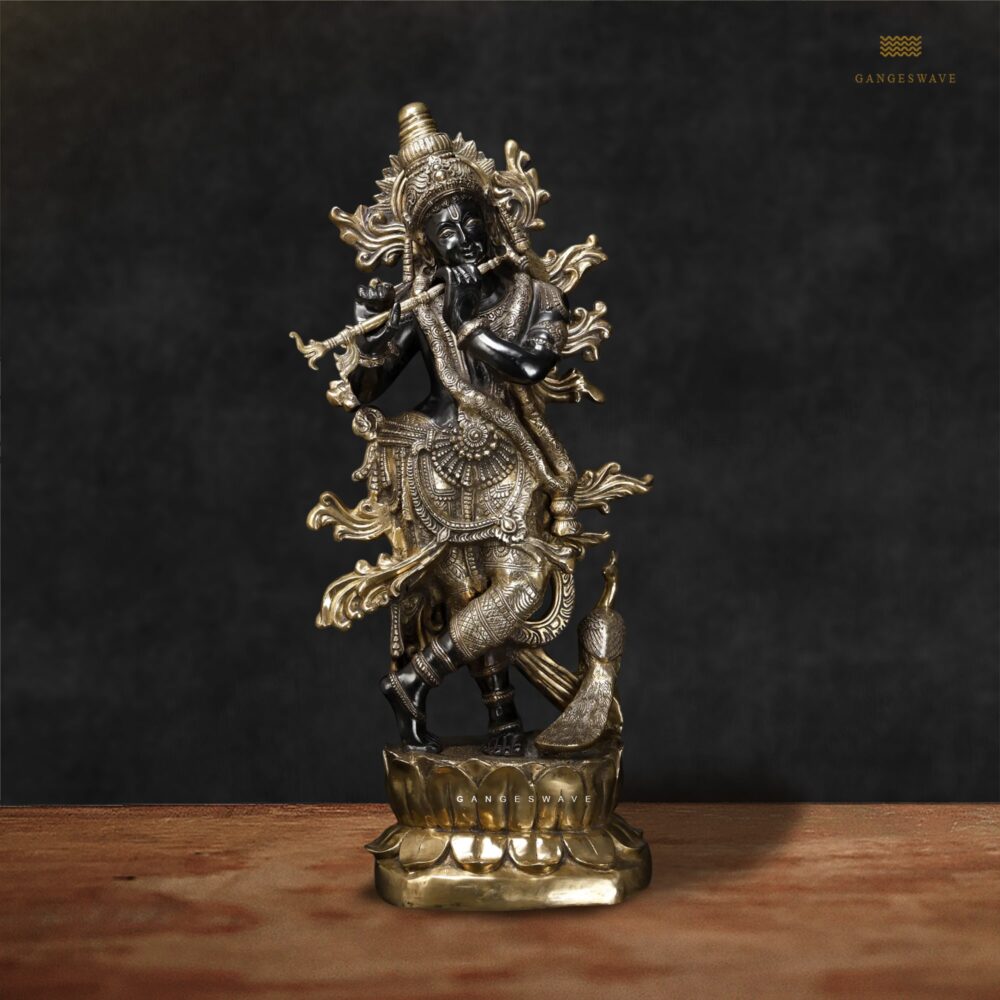 Krishna Brass Statue Black and Gold