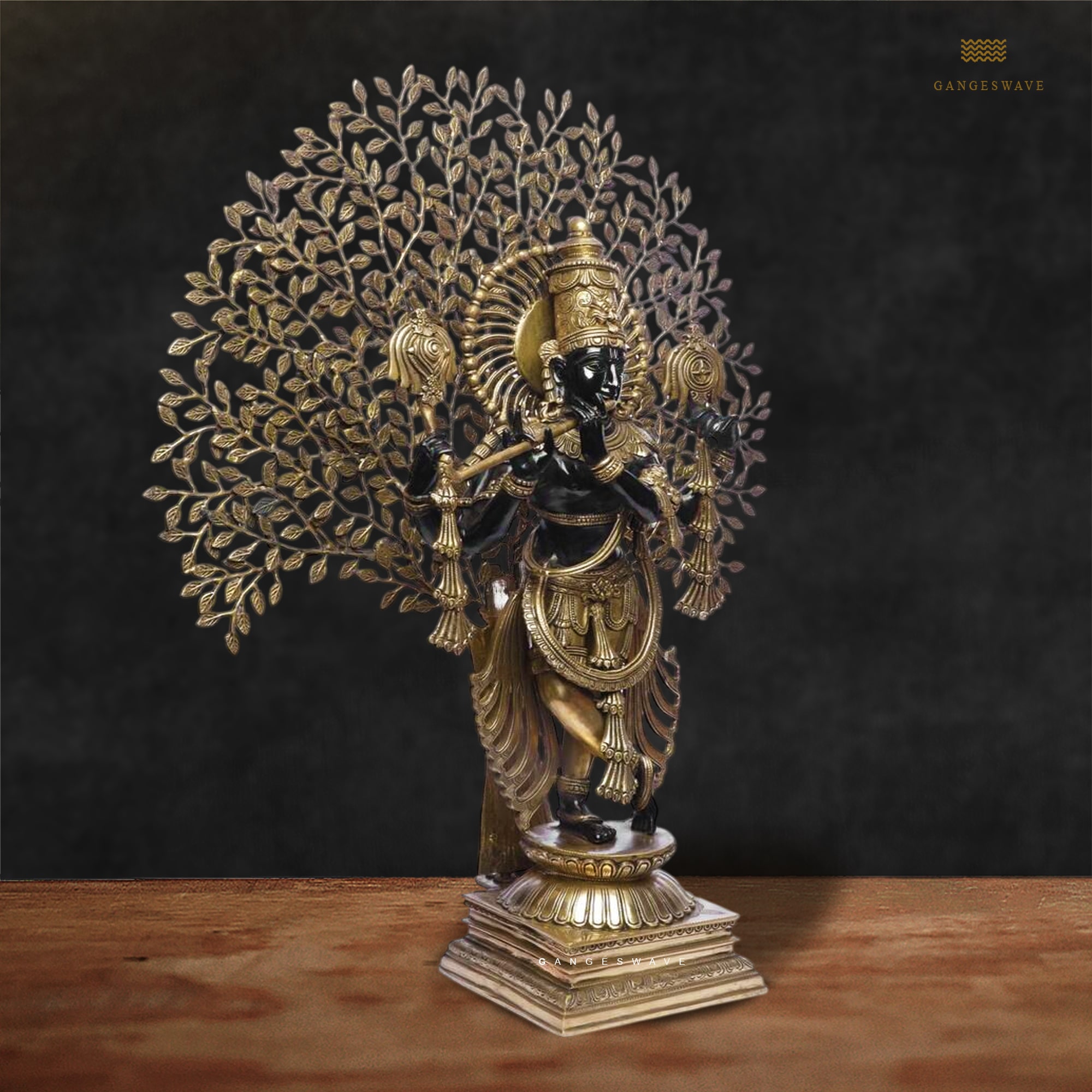 Superfine Brass Krishna Statue with Tree of Life - 37.5 inches - Image 4