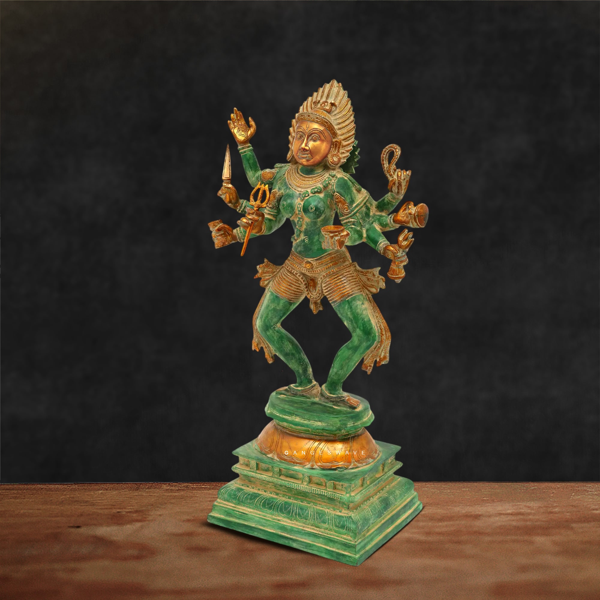 Bhairabh Ma Kali Vintage Green Brass Statue- 23.5 inches - Image 2