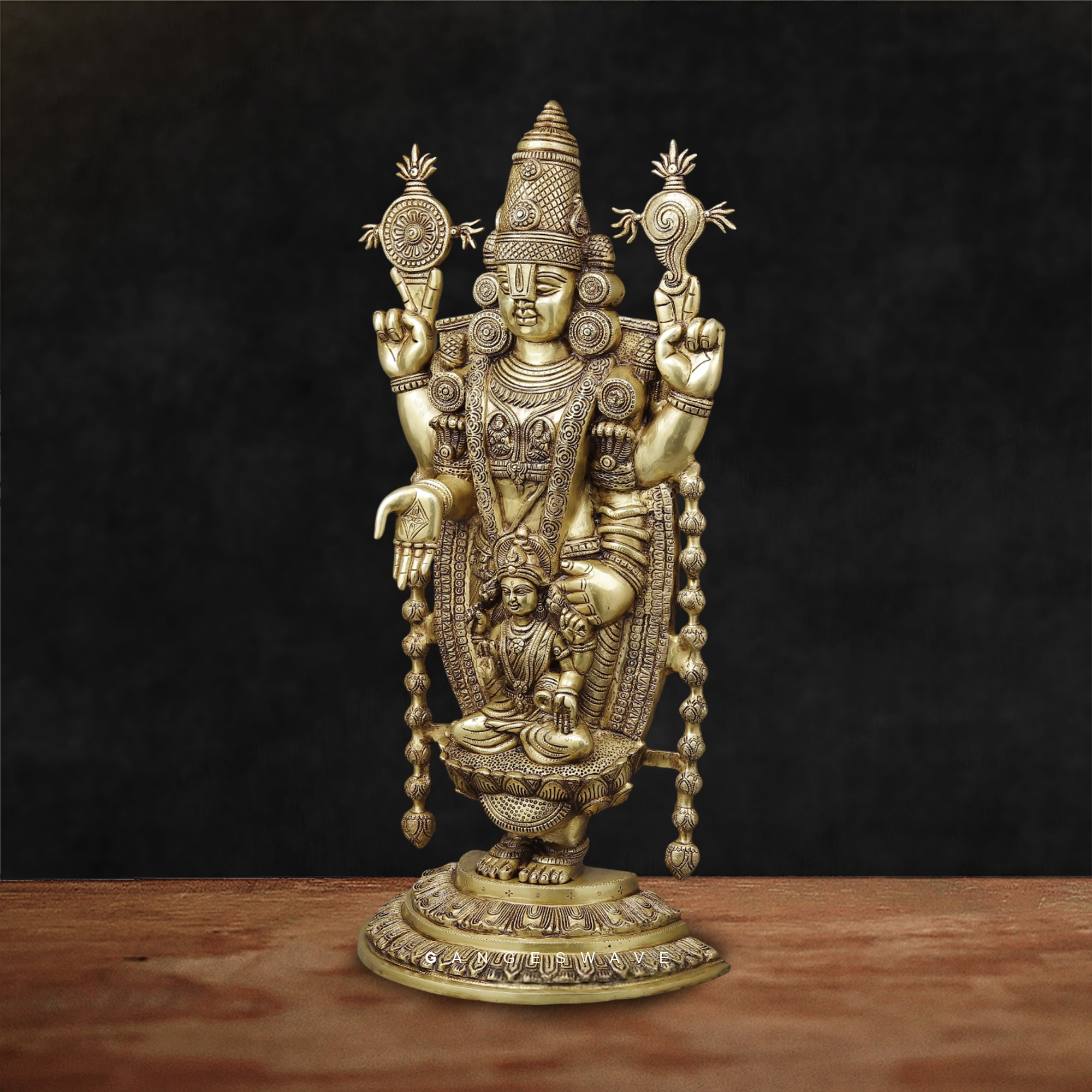 Golden Brass Tirupati Balaji Statue with Devi Padmavati Engraved - 34.5 inches - Image 3