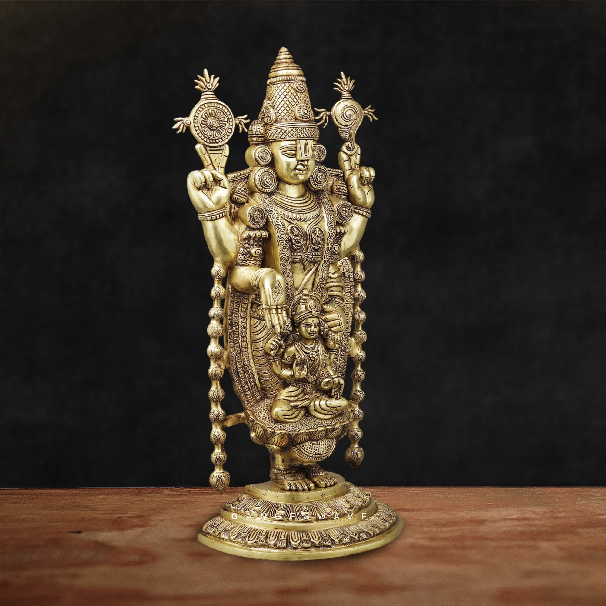 Golden Brass Tirupati Balaji Statue with Devi Padmavati Engraved - 34.5 inches - Image 2