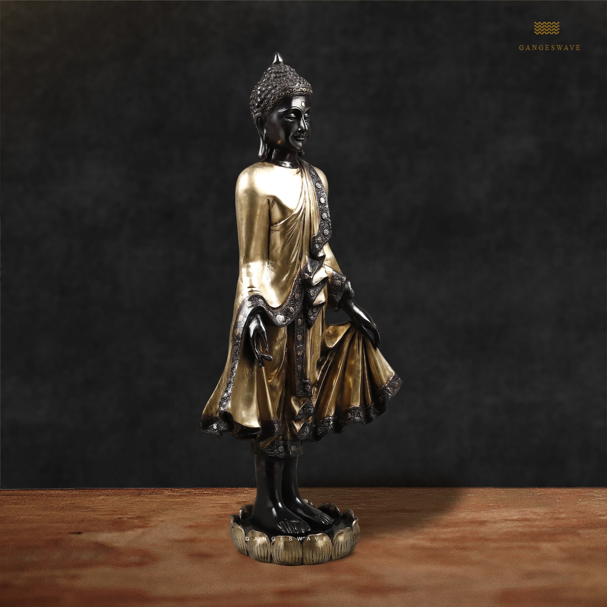 Unique Jakartan Style Standing Buddha in Black and Gold Patina - Image 4