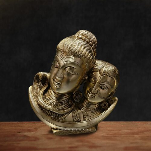 Exquisite Brass Shiv Parvati Face Decor on Moon - 9.5"