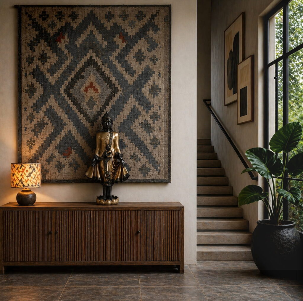 Unique Jakartan Style Standing Buddha in Black and Gold Patina