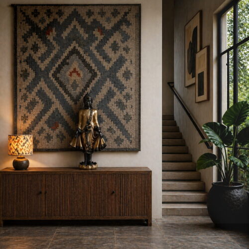 Unique Jakartan Style Standing Buddha in Black and Gold Patina