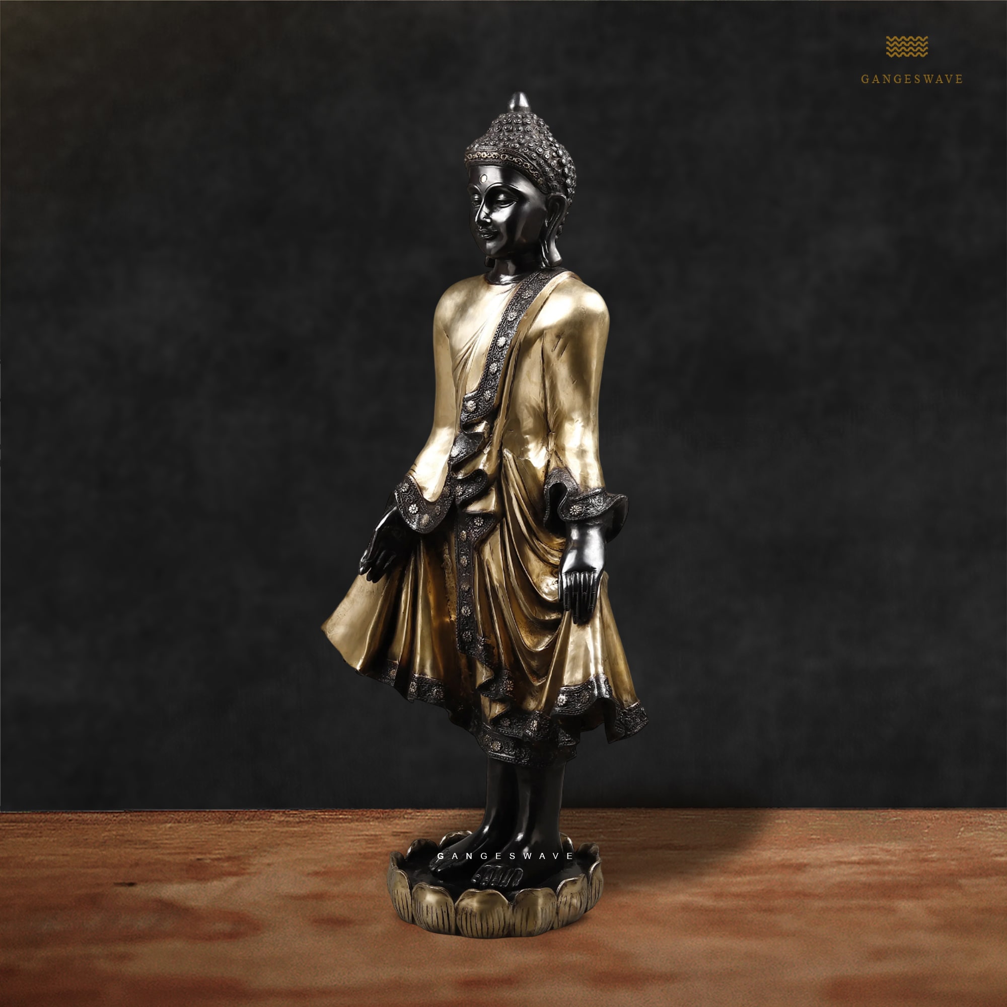 Unique Jakartan Style Standing Buddha in Black and Gold Patina - Image 3