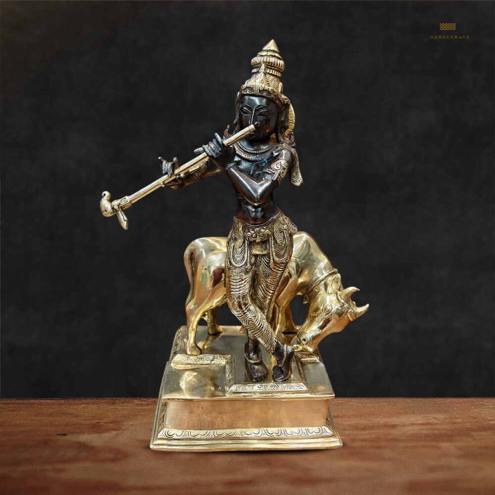 Krishna Brass Murti with Cow