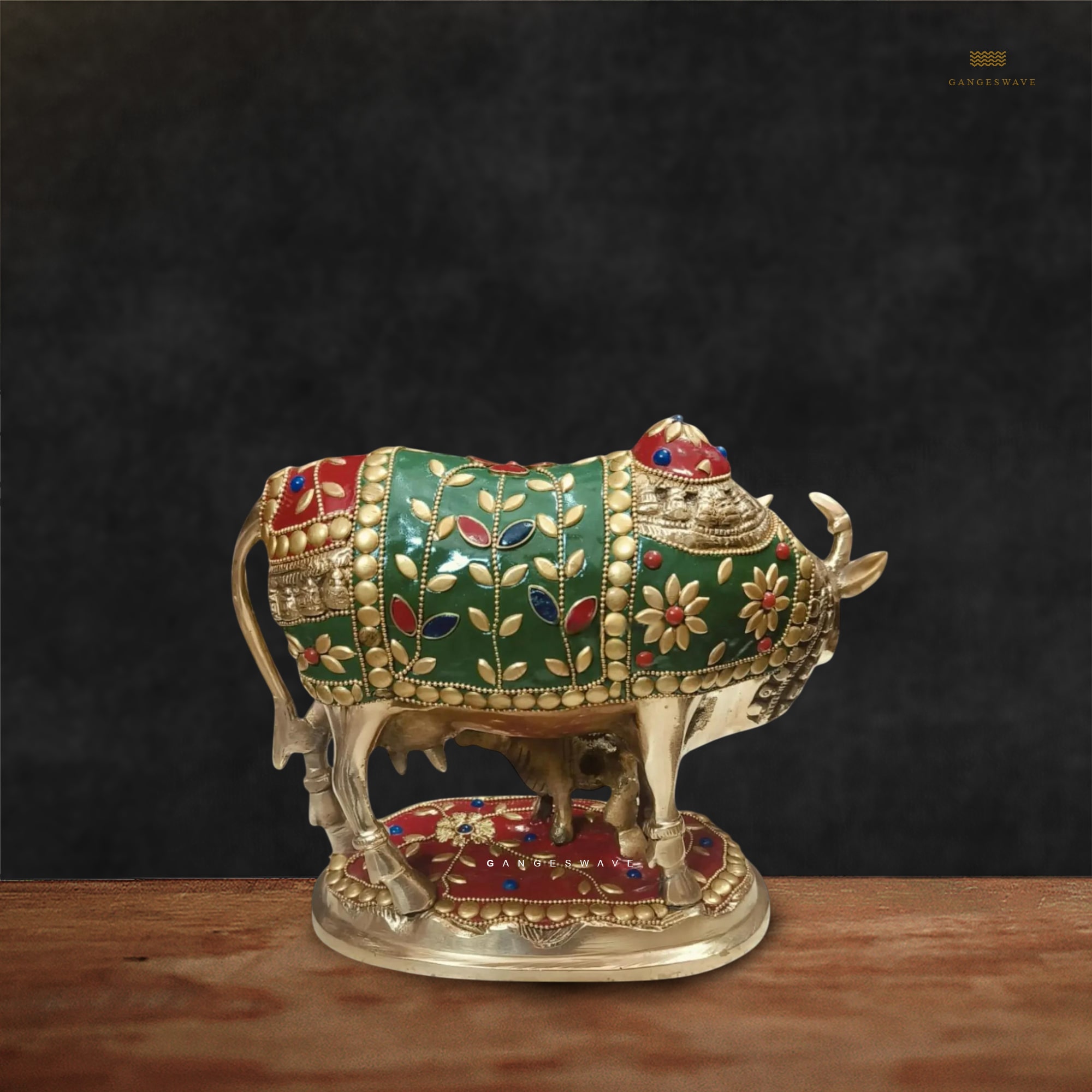 7" Brass Cow with Calf Statue - Image 4