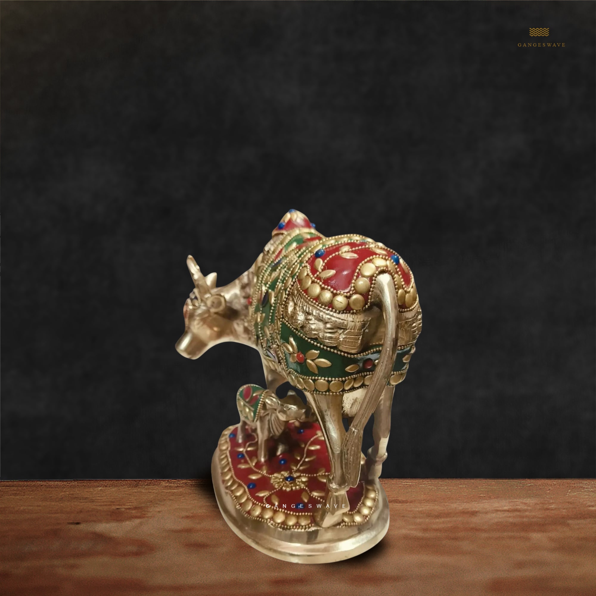 7" Brass Cow with Calf Statue - Image 3