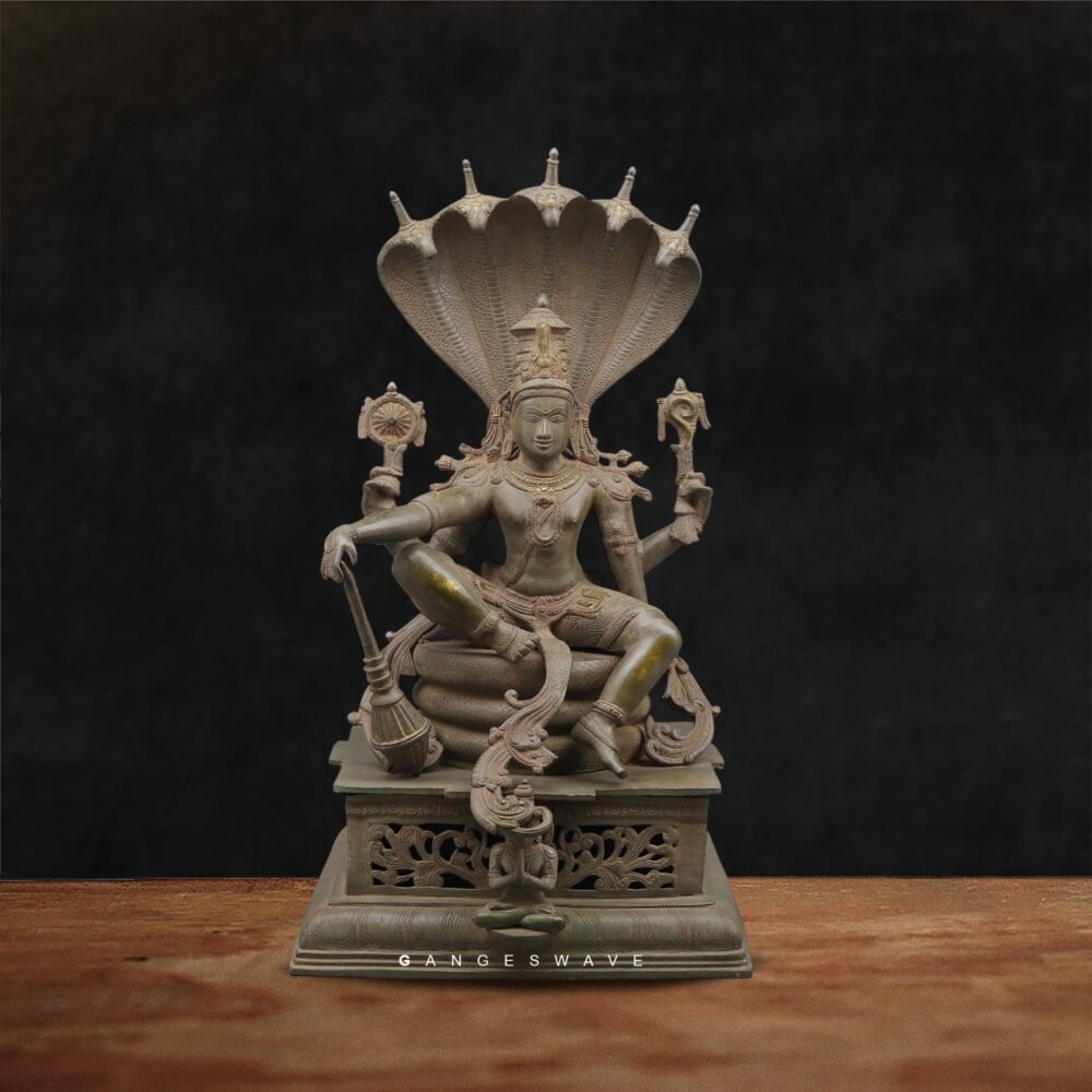 Vishnu Sitting on Sesh Naag Brass Statue Vintage Finish - 28 inches