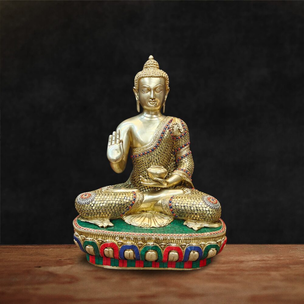 Buddha Brass Statue with Stone Inlay Work