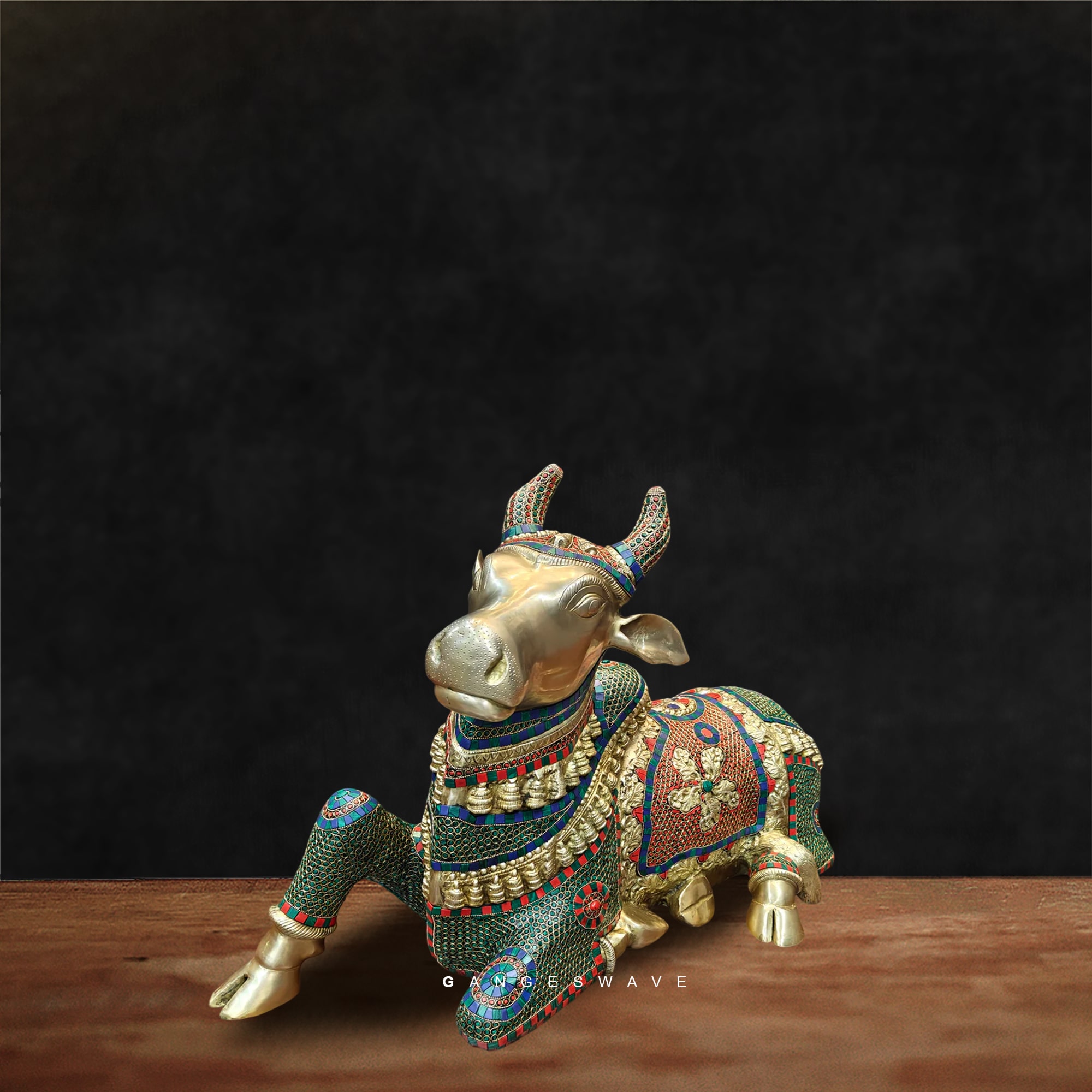 Kamdhenu Brass Idol with Stonework - Image 2
