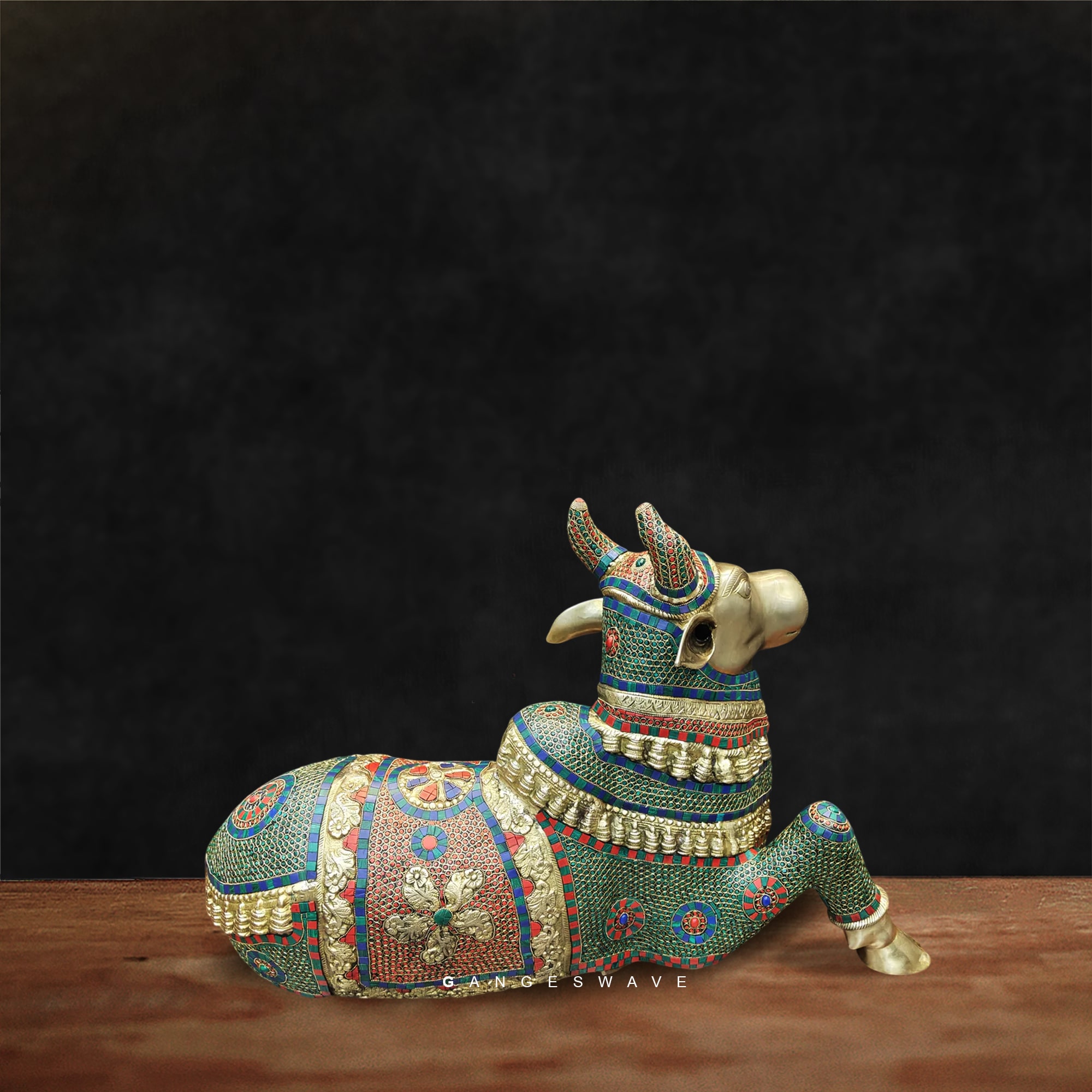Kamdhenu Brass Idol with Stonework - Image 4