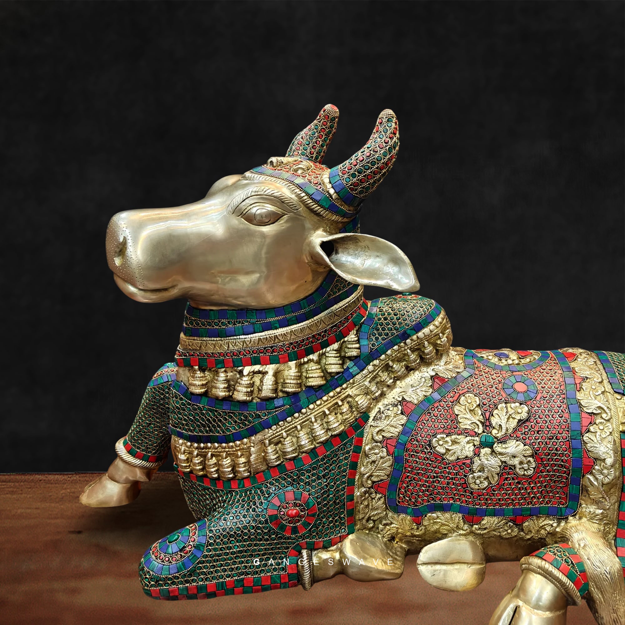 Kamdhenu Brass Idol with Stonework - Image 3