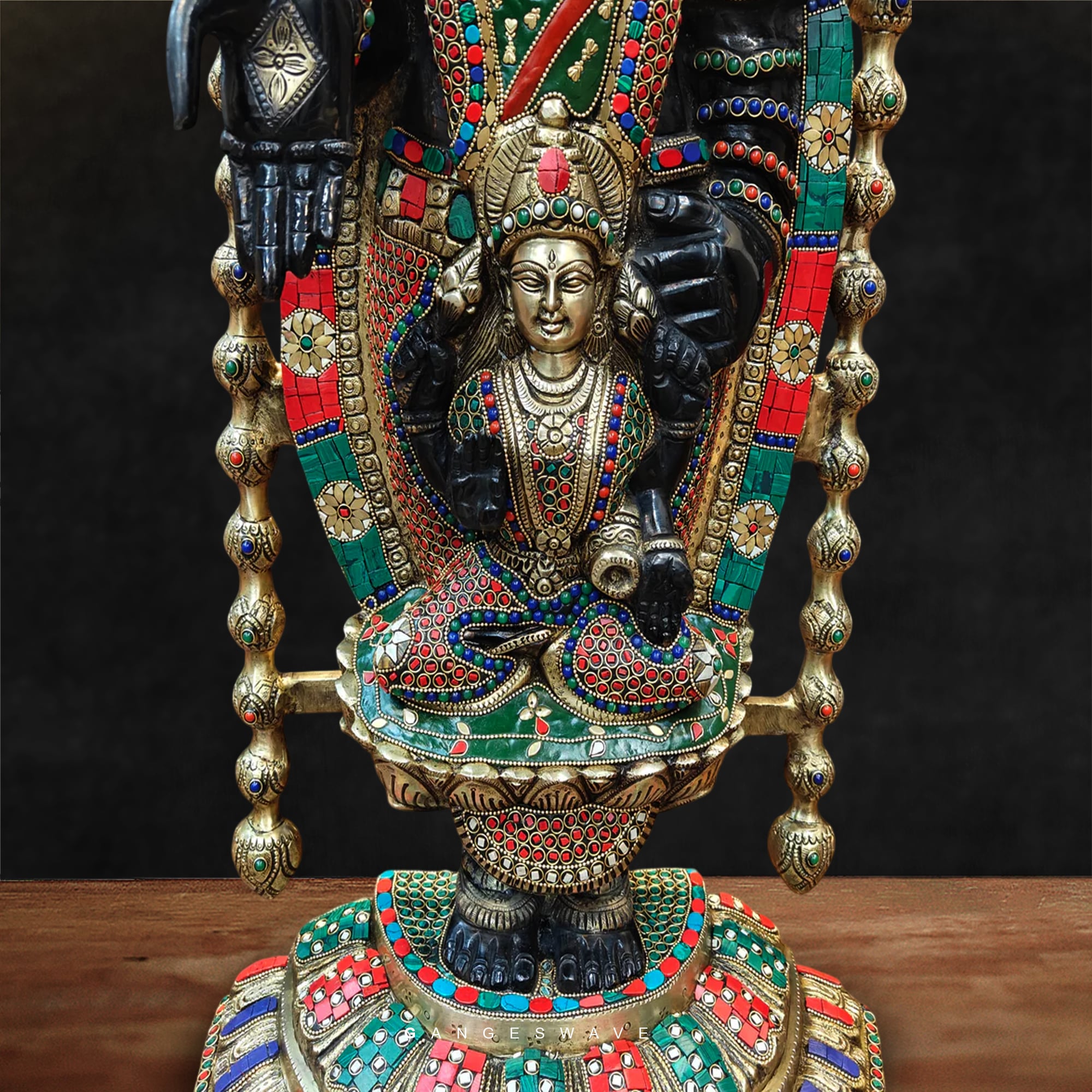 Tirupati Balaji Statue with Devi Padmavati Engraved with stone inlay work - 34.5 inches - Image 3
