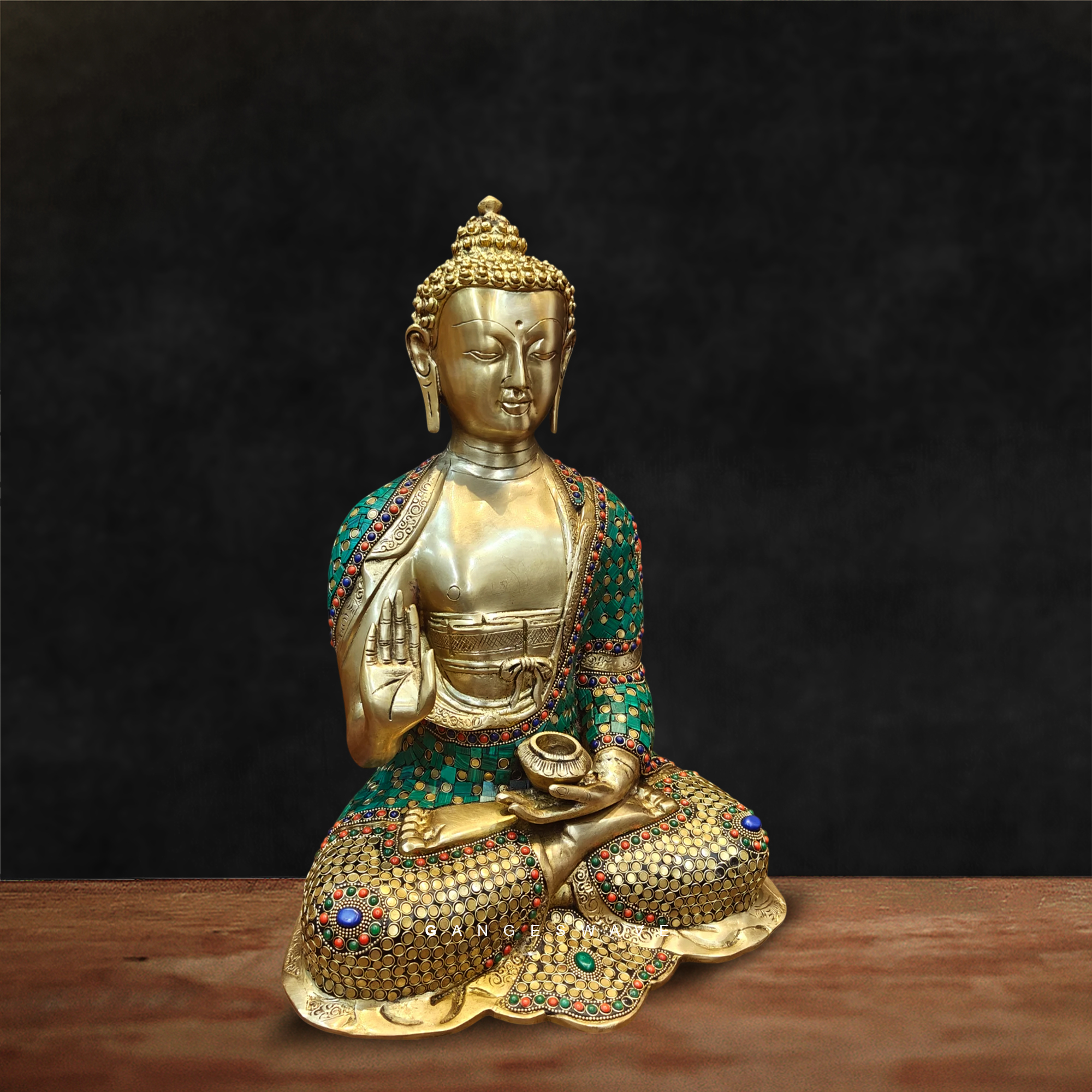 Brass Buddha in multi-colour stone Inlay - 16 inches - Image 2