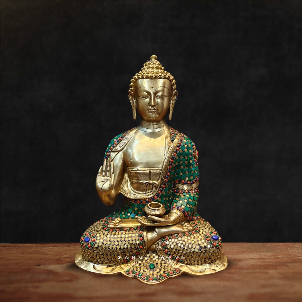 Brass Buddha in multi-colour stone Inlay - 16 inches