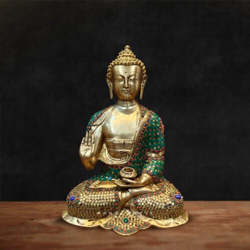 Brass Buddha in multi-colour stone Inlay - 16 inches