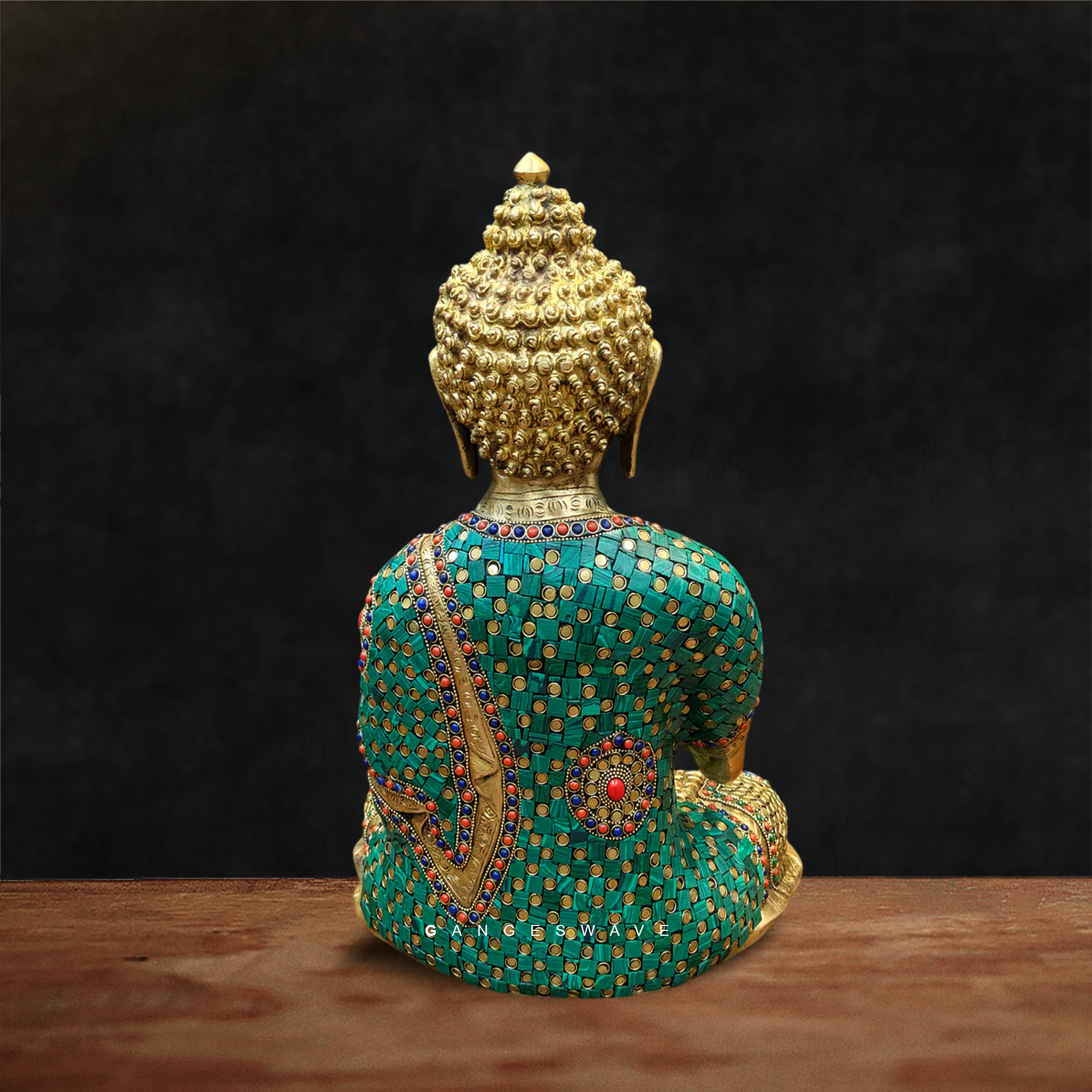 Brass Buddha in multi-colour stone Inlay - 16 inches - Image 3