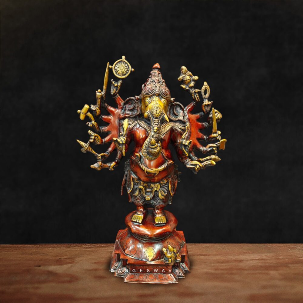 Vira Ganapati – Multi-Armed Brass Ganesha Idol in Antique Red Finish