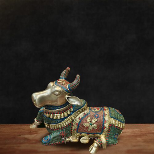 Kamdhenu Brass Idol with Stonework