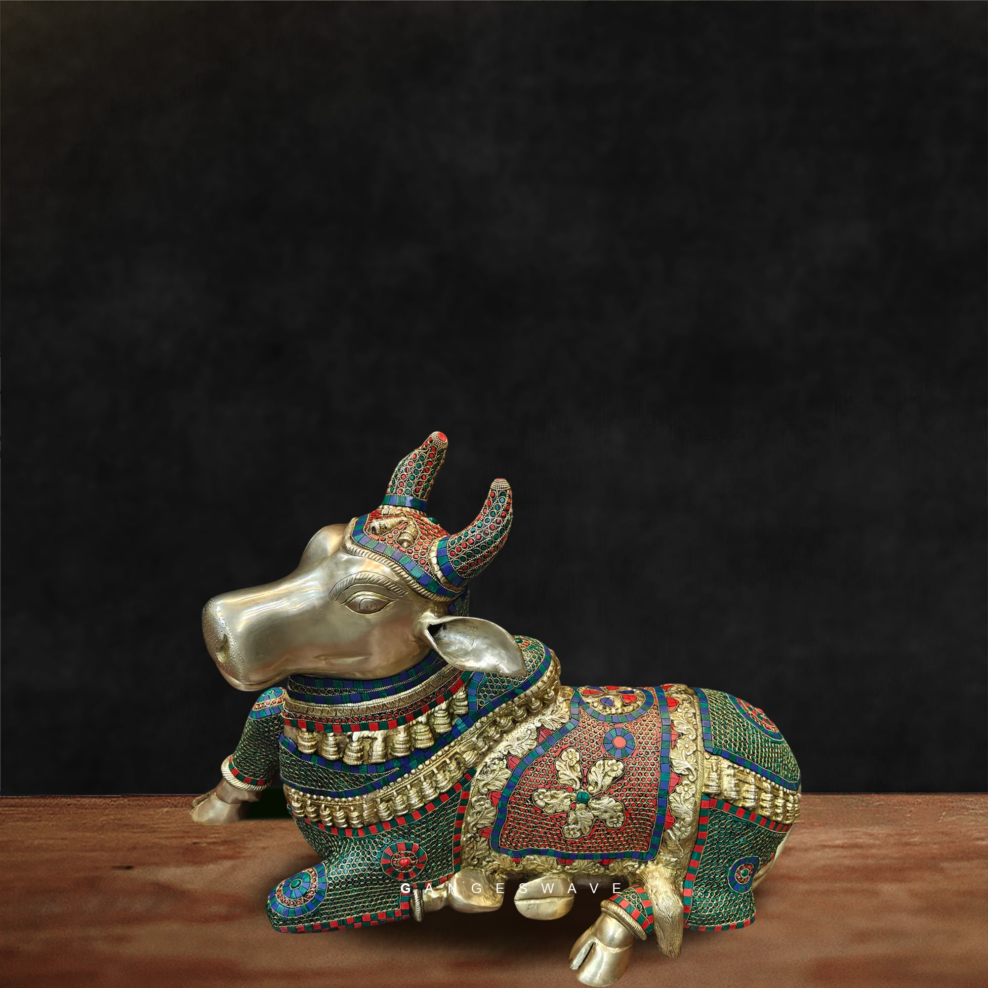 Kamdhenu Brass Idol with Stonework - Image 5
