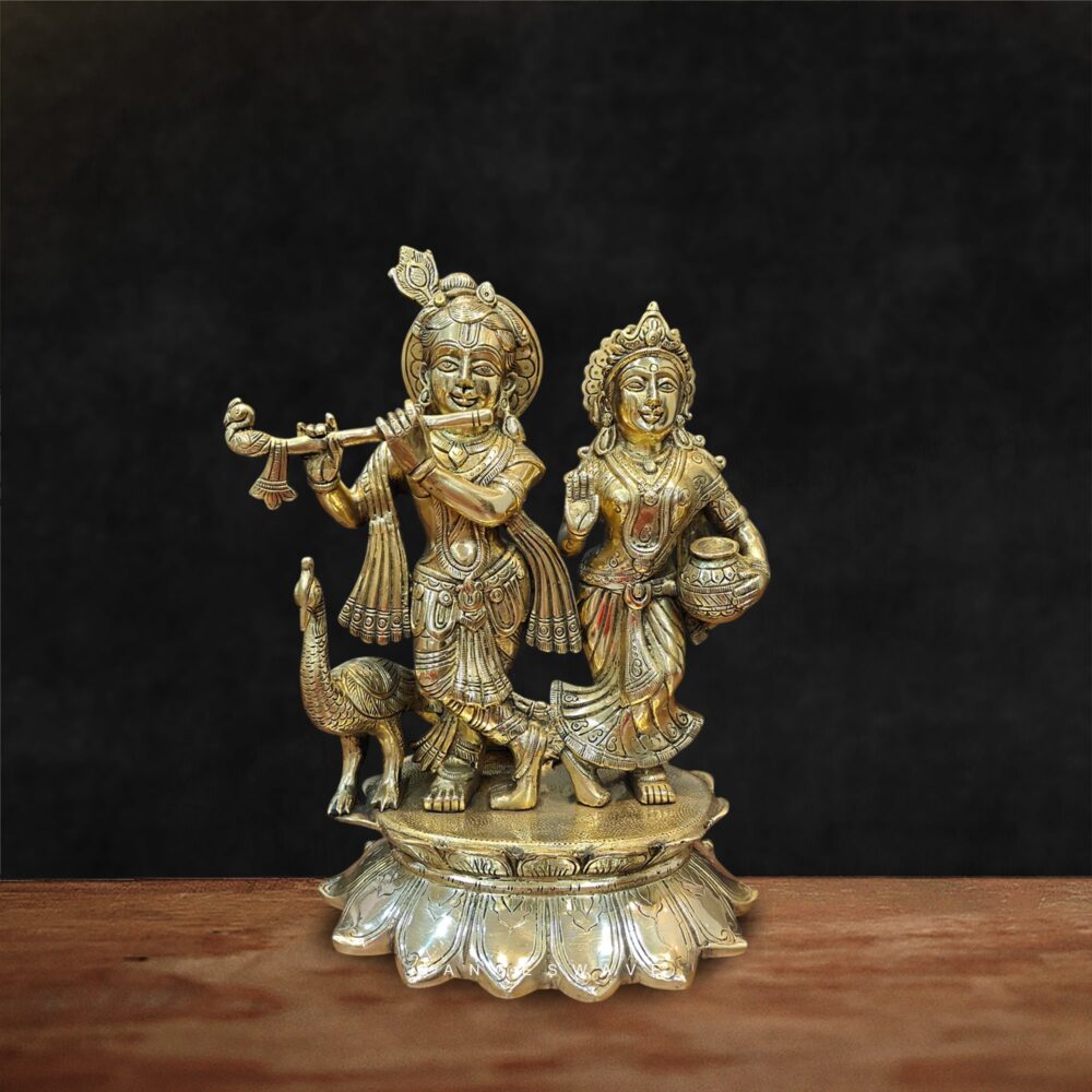 Brass Radha Krishna Statue with Peacock on Lotus Base - 14 inches