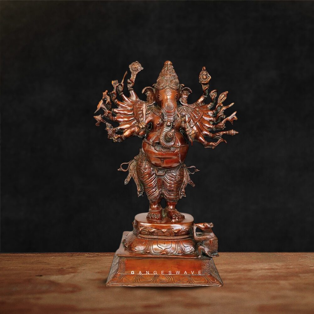 Vira Ganapati Multi-Armed Brass Ganesha Idol in Antique Red Finish