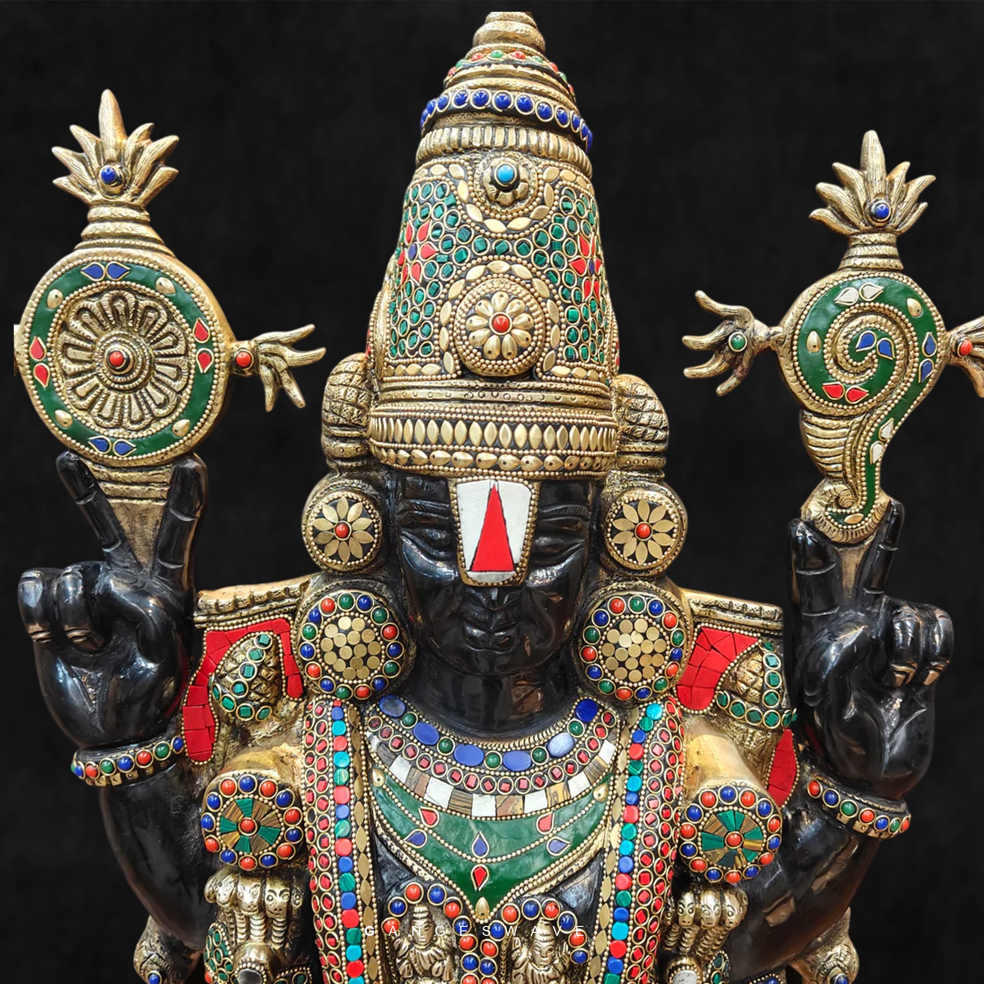 Tirupati Balaji Statue with Devi Padmavati Engraved with stone inlay work - 34.5 inches - Image 2