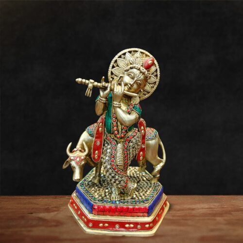 Krishna Statue with Cow Stone Inlay Work - 12 inches