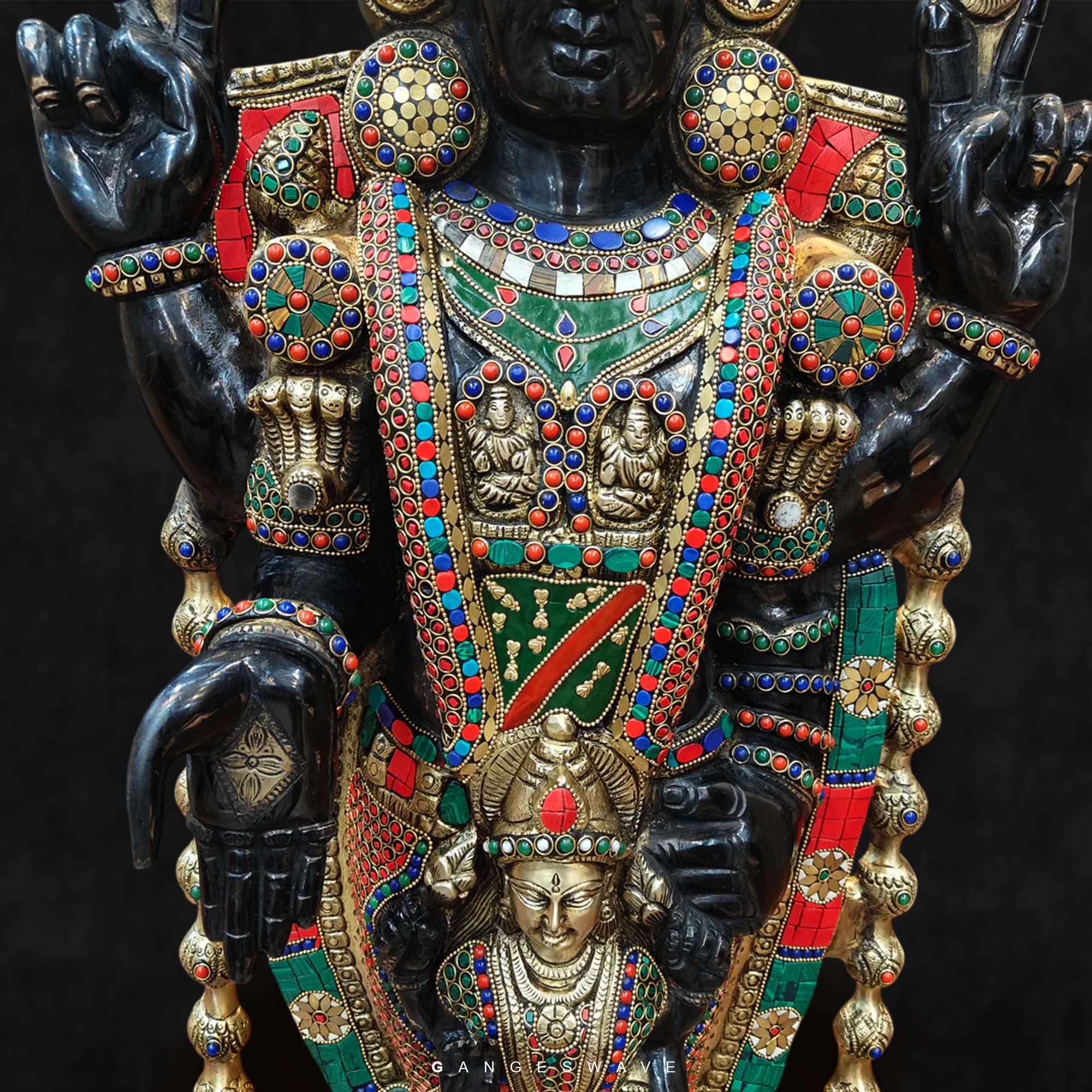 Tirupati Balaji Statue with Devi Padmavati Engraved with stone inlay work - 34.5 inches - Image 4