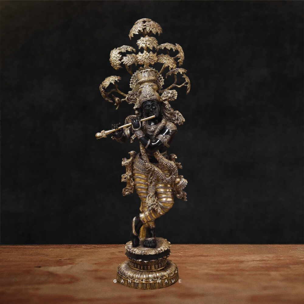Majestic Golden Krishna Brass Statue Under Kadamba Tree - 56 inches