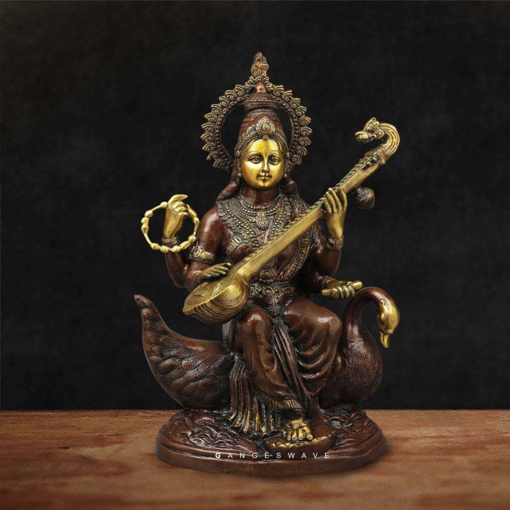 Ma Saraswati Antique Finish Chola Brass Statue - 28 inches