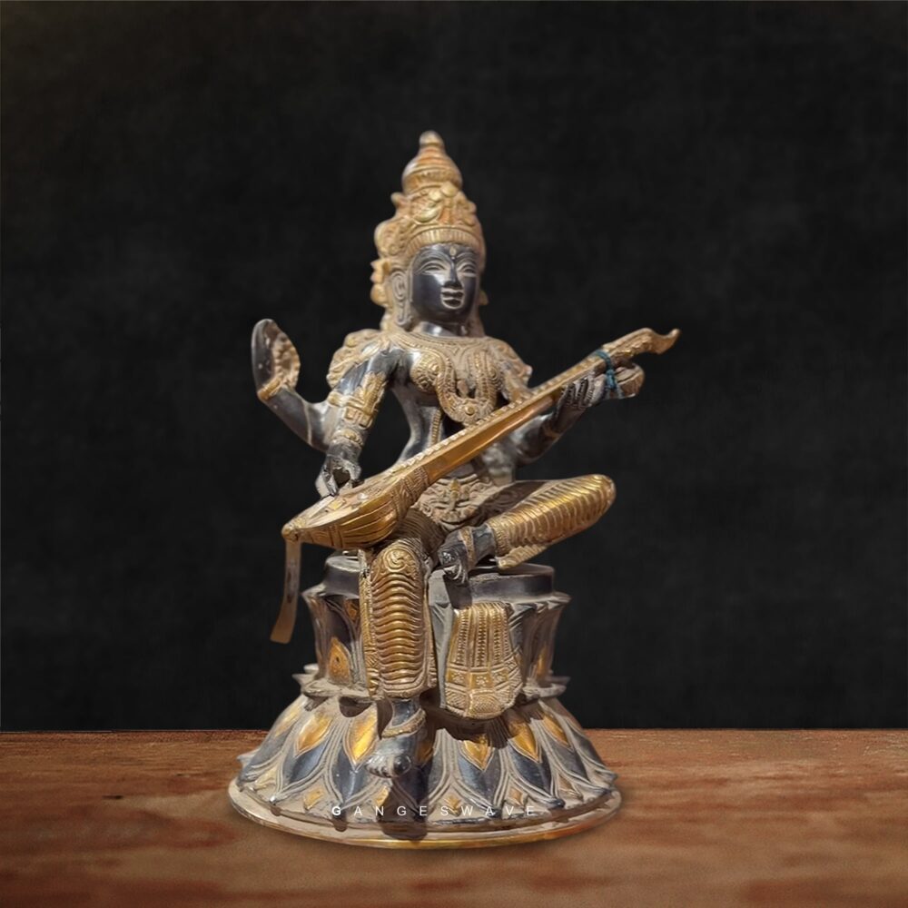 Chola Charcoal Black Ma Saraswati Brass Statue
