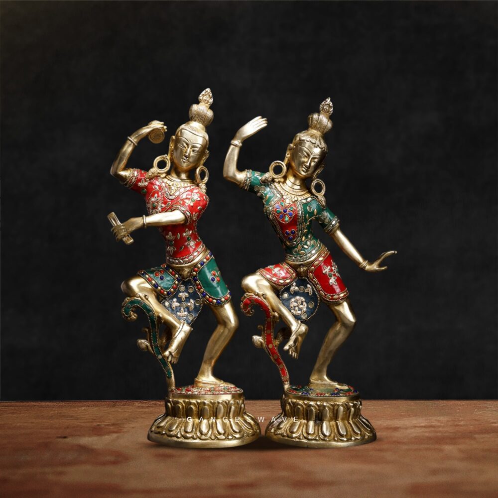 Shiv Parvati Dancing Brass Statue with Stone Inlay