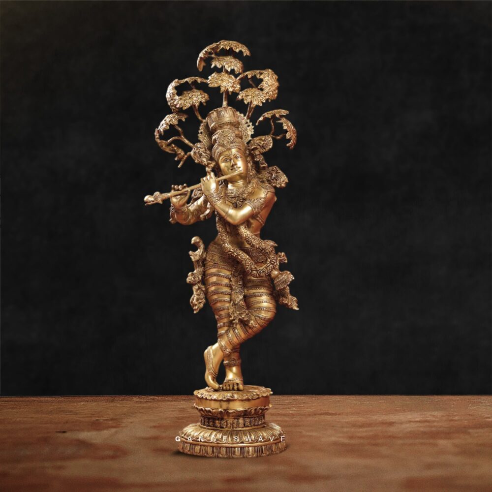 Majestic Golden Krishna Brass Statue Under Kadamba Tree - 56 inches