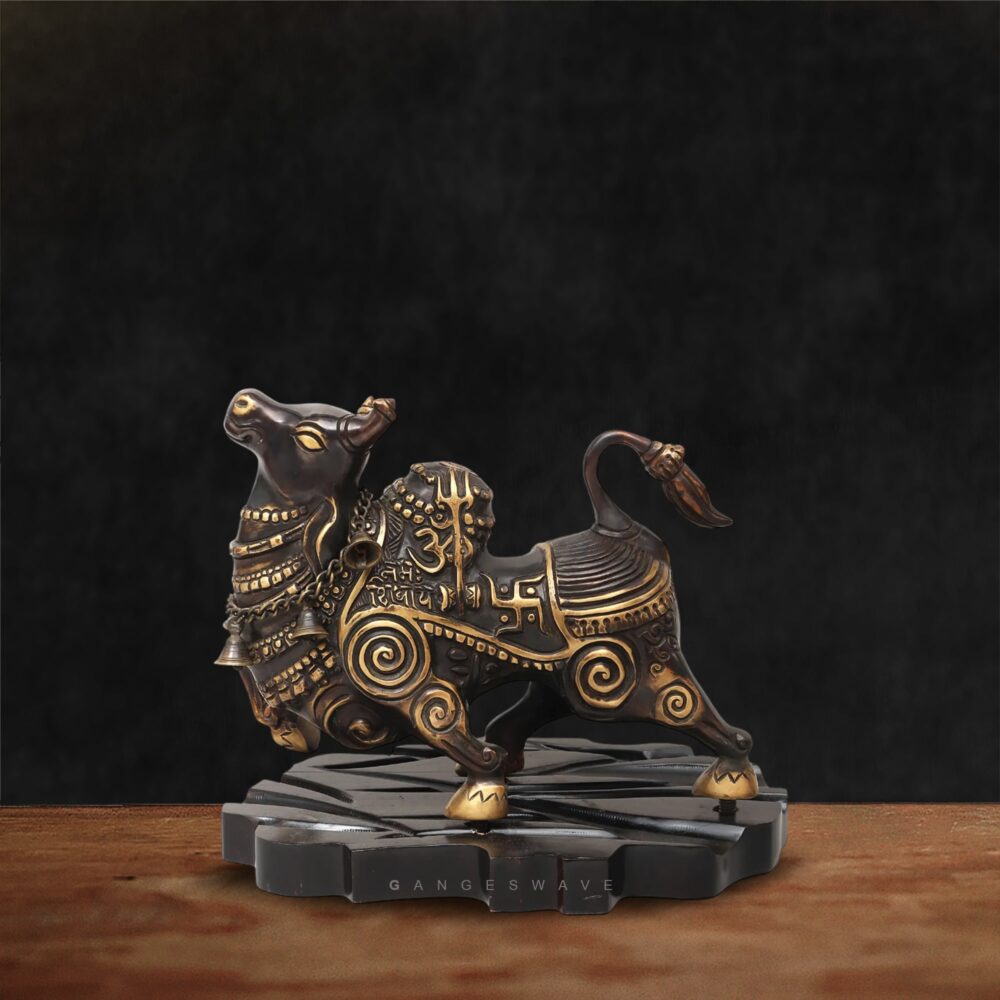 Artistic style brass Nandi bull idol with Om carvings